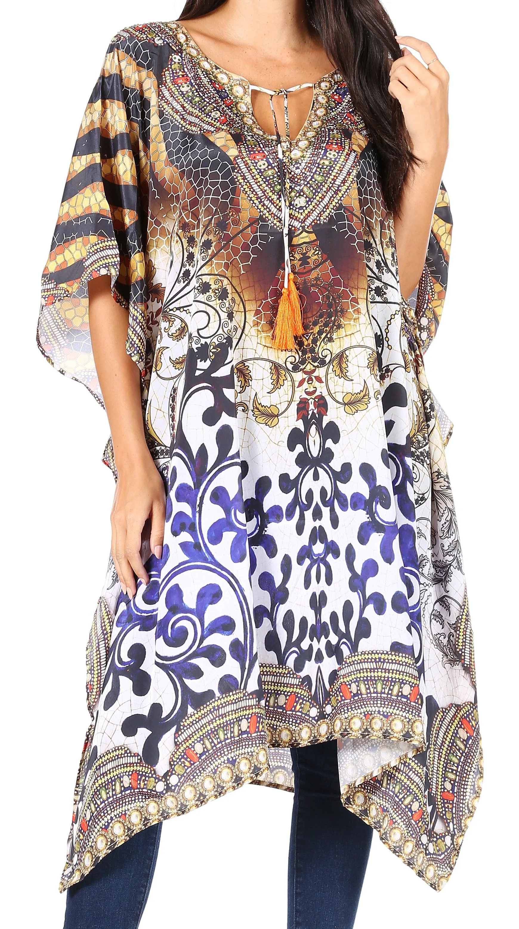 Sakkas Jenni Women's Mid Length Boho Caftan Kaftan Dress Cover up Flowy Rhinestone