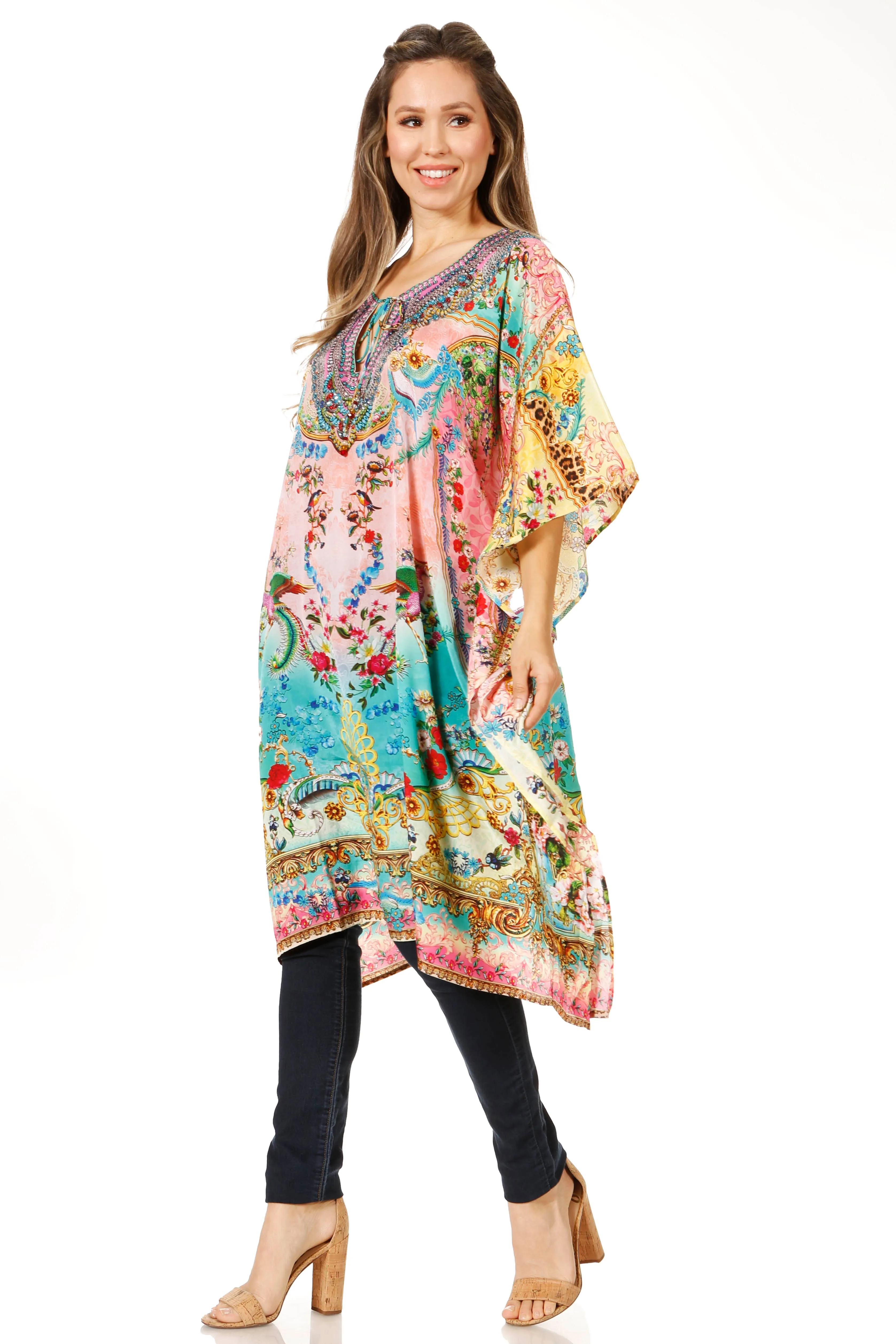 Sakkas Jenni Women's Mid Length Boho Caftan Kaftan Dress Cover up Flowy Rhinestone