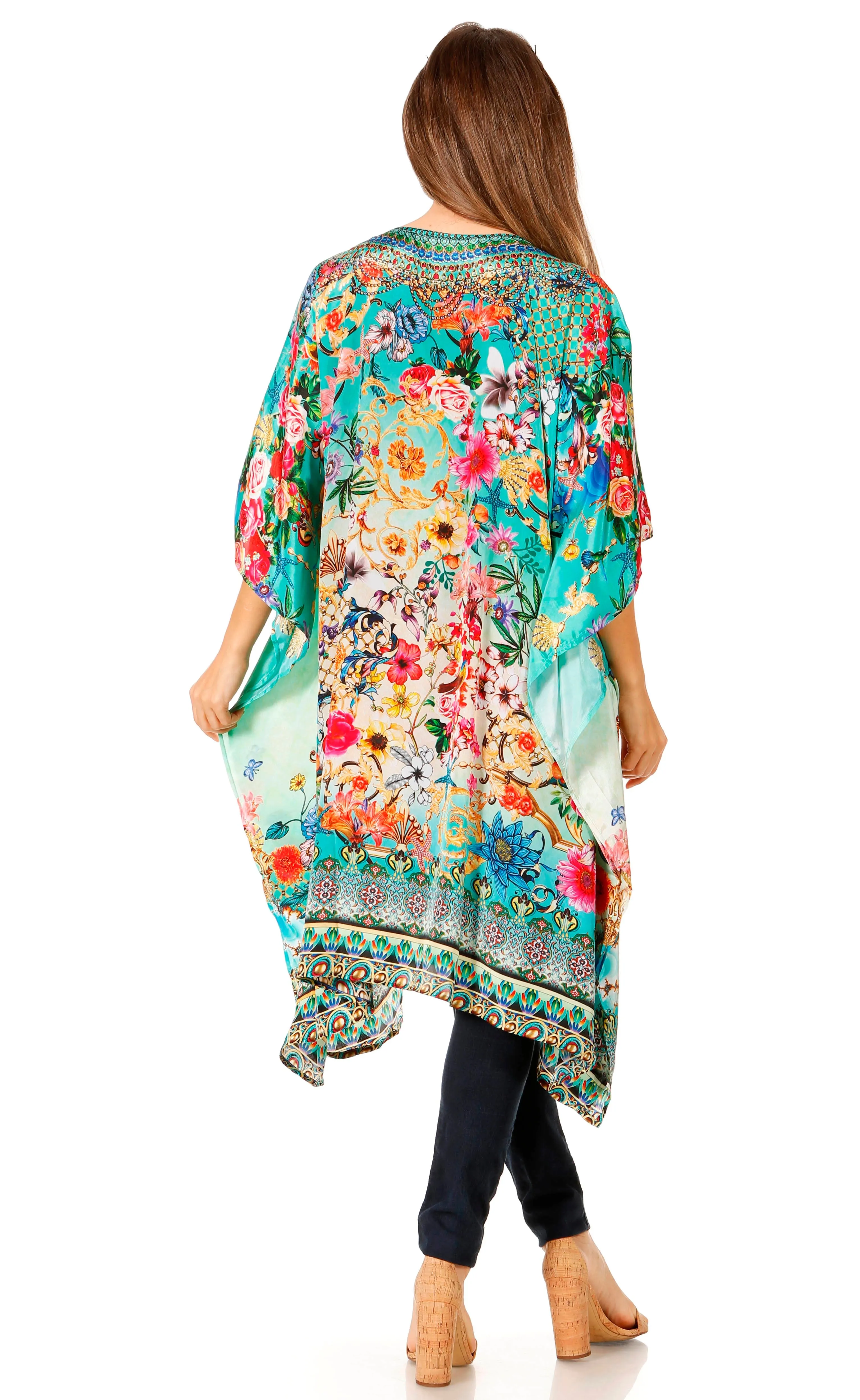 Sakkas Jenni Women's Mid Length Boho Caftan Kaftan Dress Cover up Flowy Rhinestone