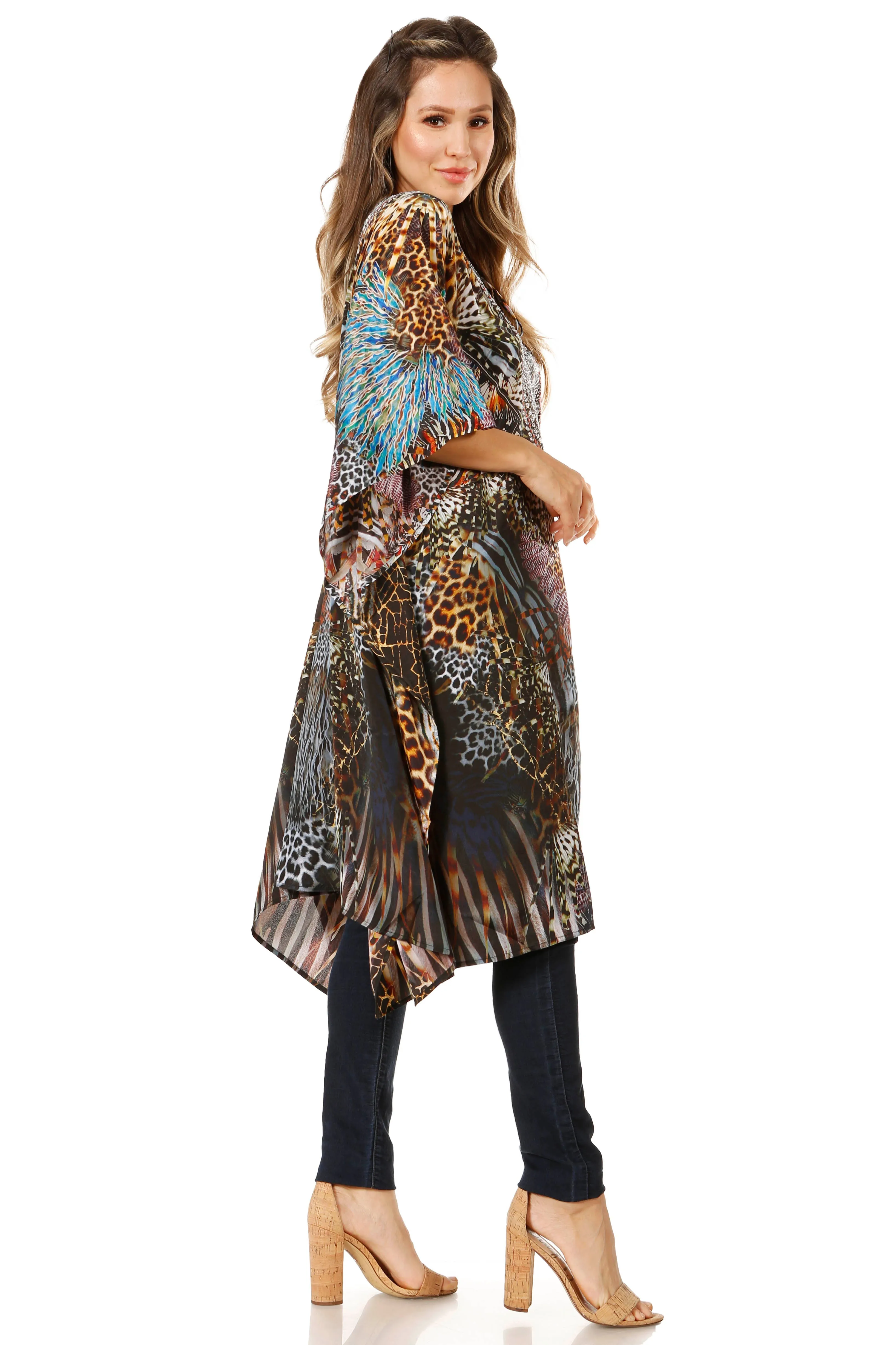 Sakkas Jenni Women's Mid Length Boho Caftan Kaftan Dress Cover up Flowy Rhinestone