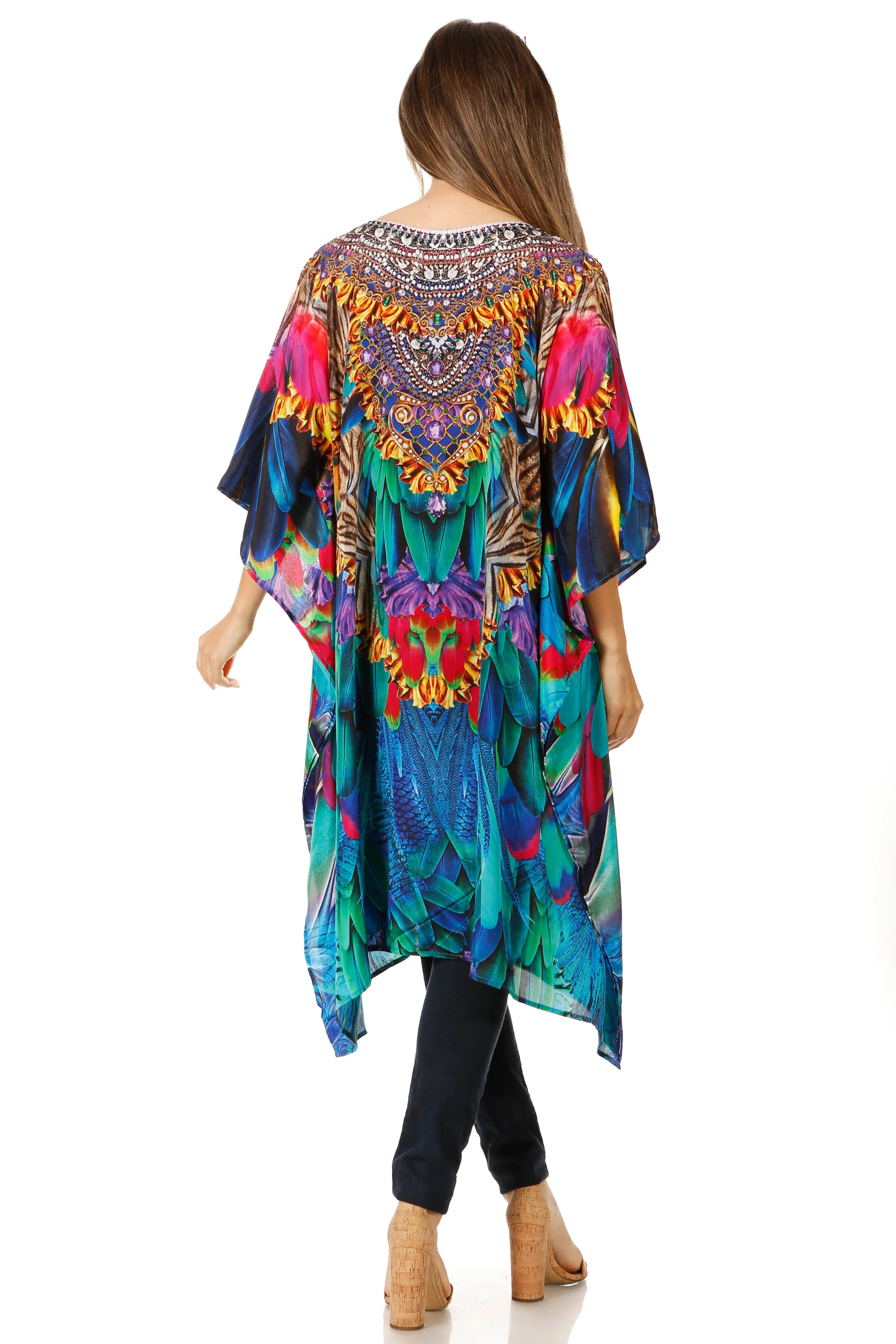 Sakkas Jenni Women's Mid Length Boho Caftan Kaftan Dress Cover up Flowy Rhinestone