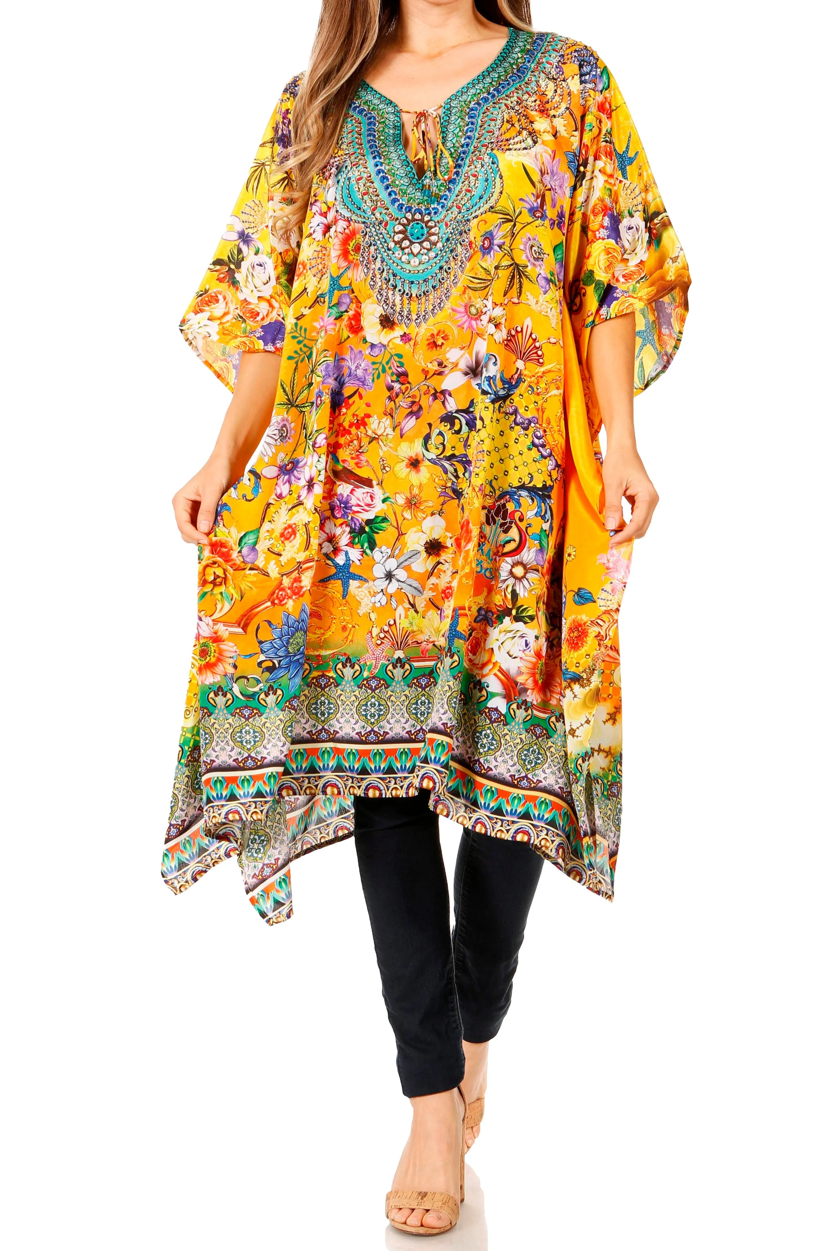 Sakkas Jenni Women's Mid Length Boho Caftan Kaftan Dress Cover up Flowy Rhinestone