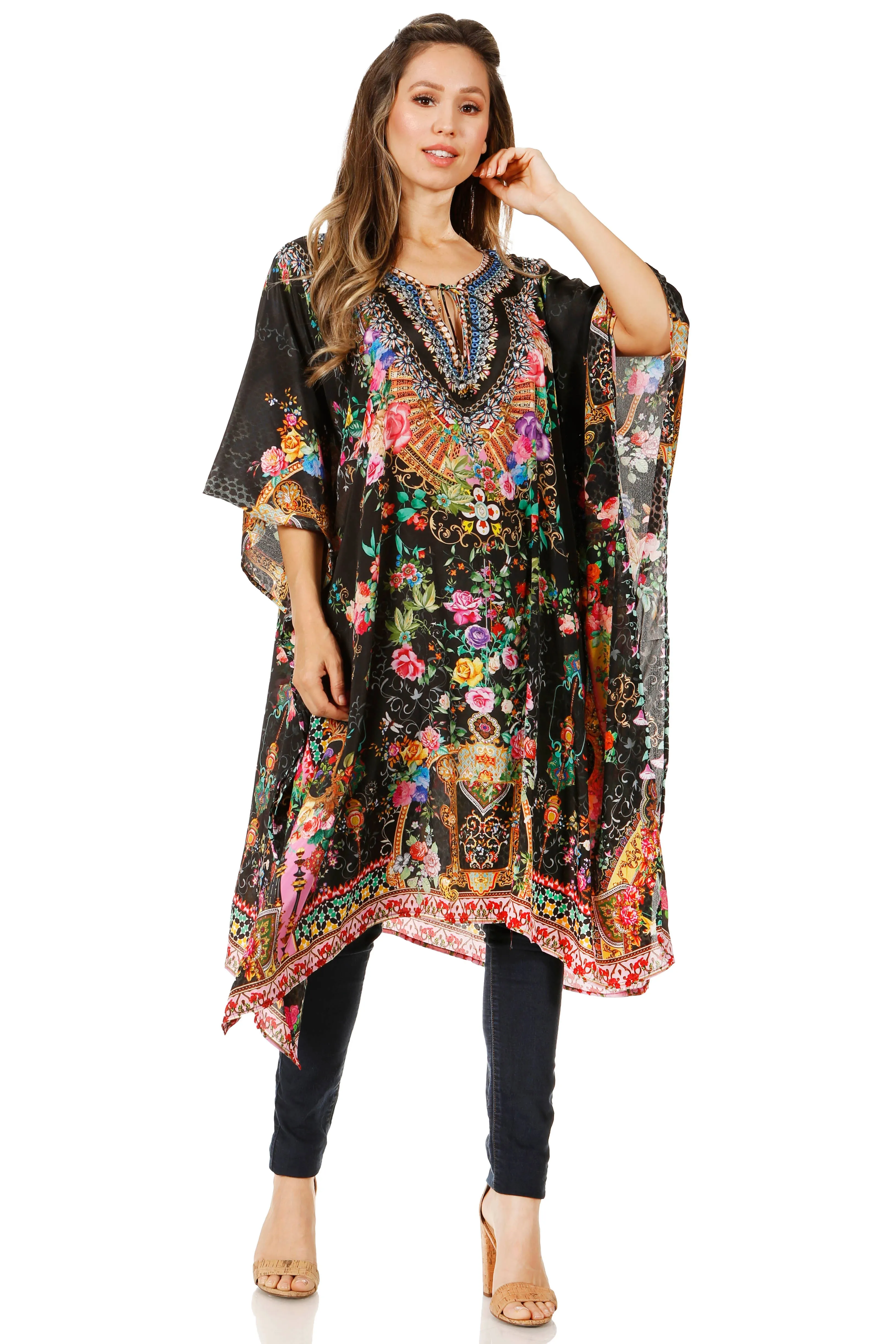 Sakkas Jenni Women's Mid Length Boho Caftan Kaftan Dress Cover up Flowy Rhinestone