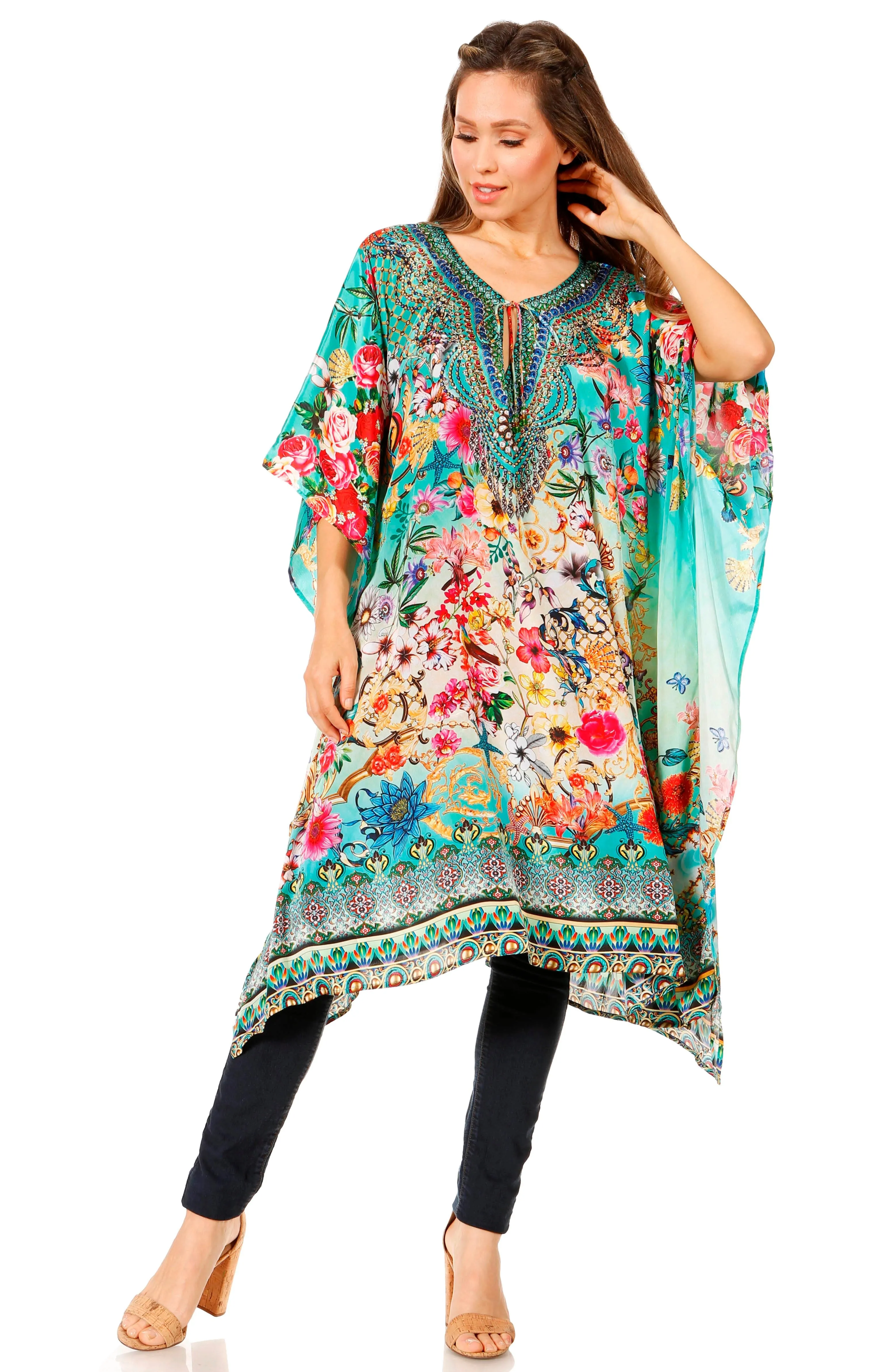 Sakkas Jenni Women's Mid Length Boho Caftan Kaftan Dress Cover up Flowy Rhinestone