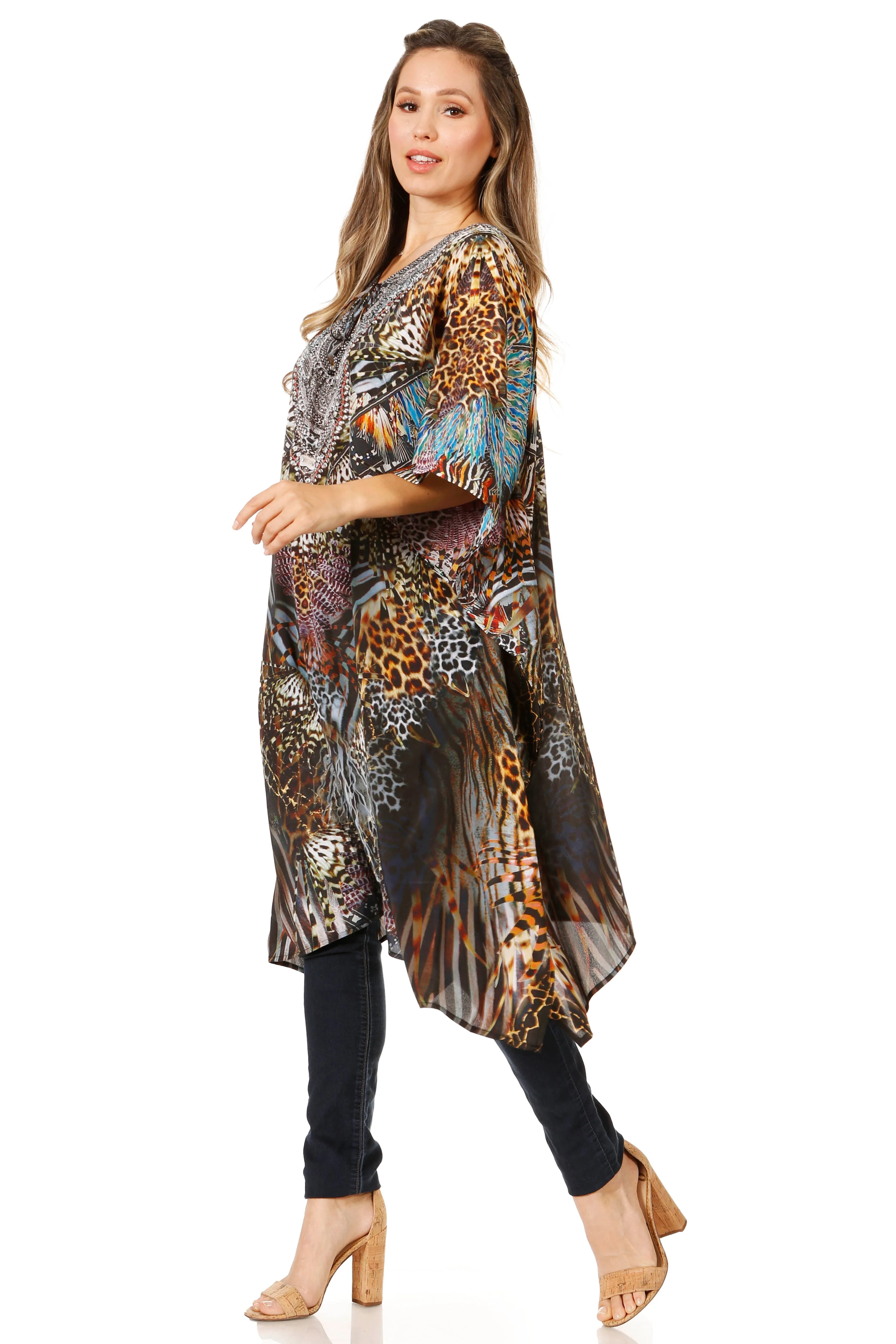 Sakkas Jenni Women's Mid Length Boho Caftan Kaftan Dress Cover up Flowy Rhinestone