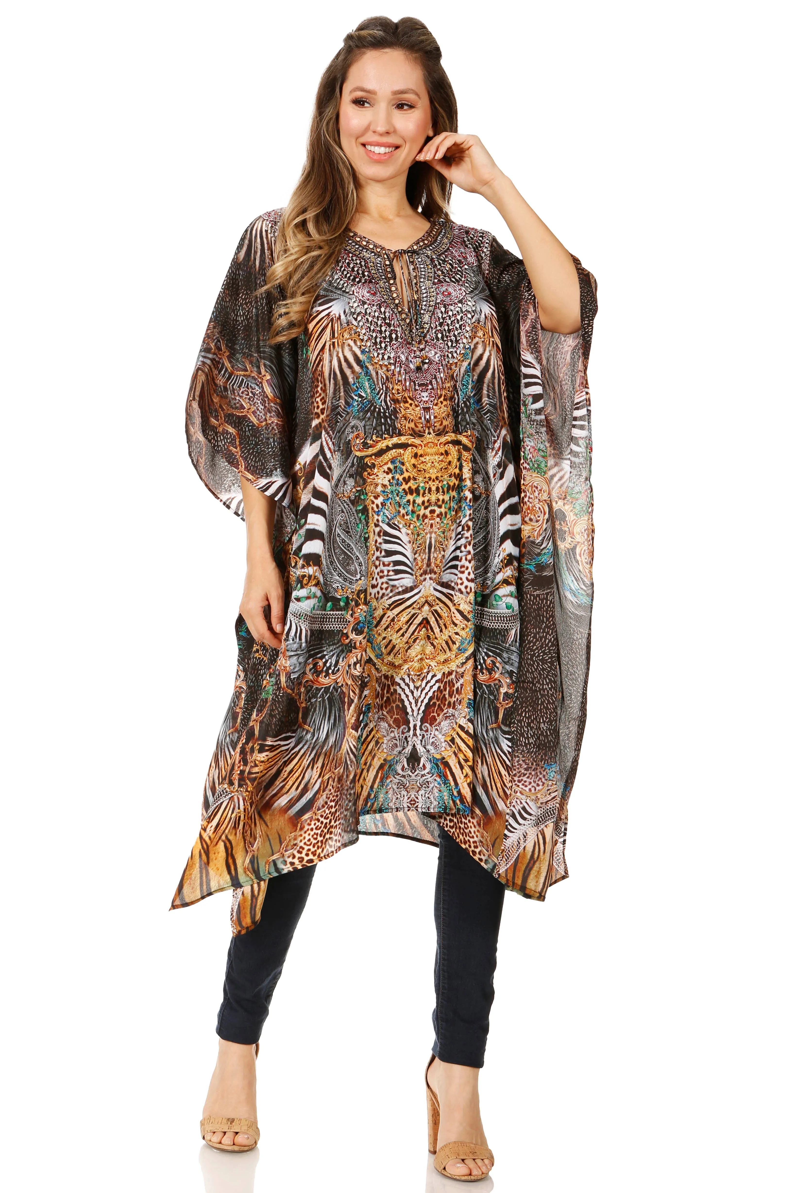 Sakkas Jenni Women's Mid Length Boho Caftan Kaftan Dress Cover up Flowy Rhinestone