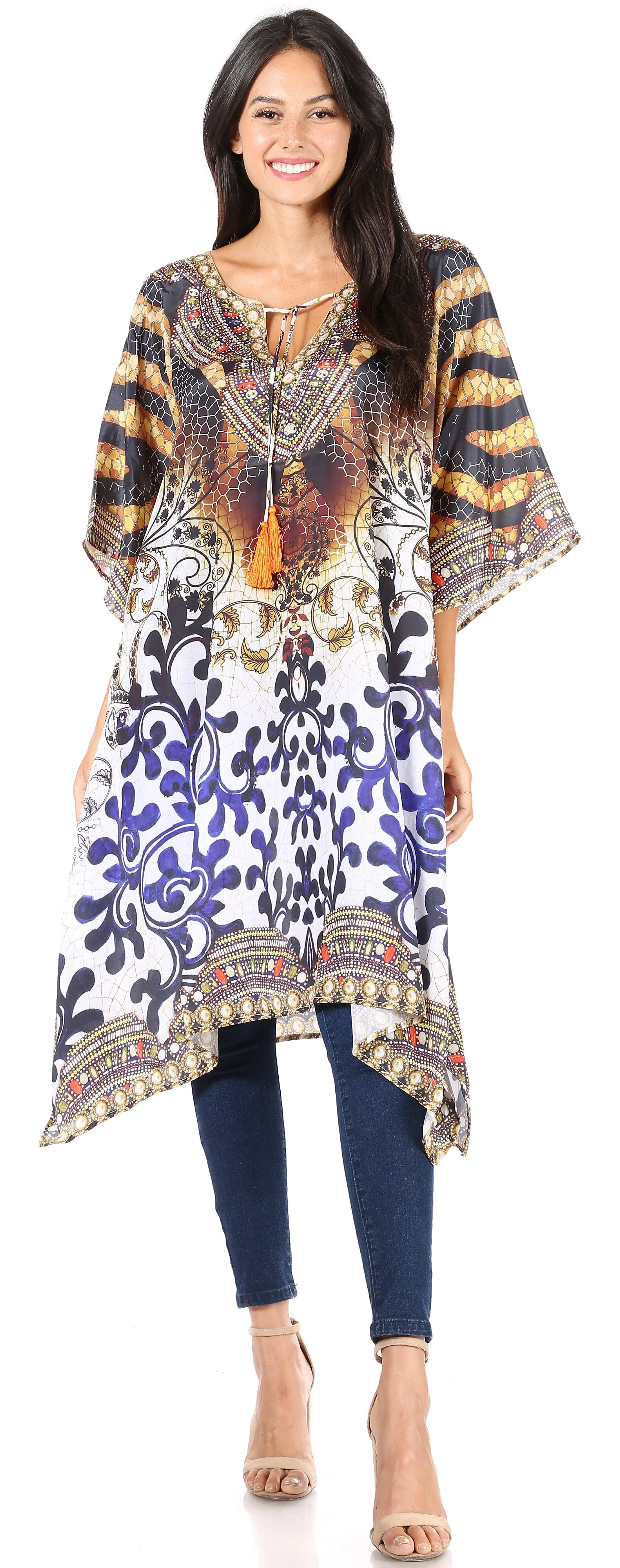 Sakkas Jenni Women's Mid Length Boho Caftan Kaftan Dress Cover up Flowy Rhinestone