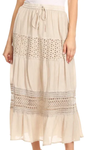 Sakkas Julita Womens Stonewashed Peasant Boho Prairie Midi Skirt with Lace