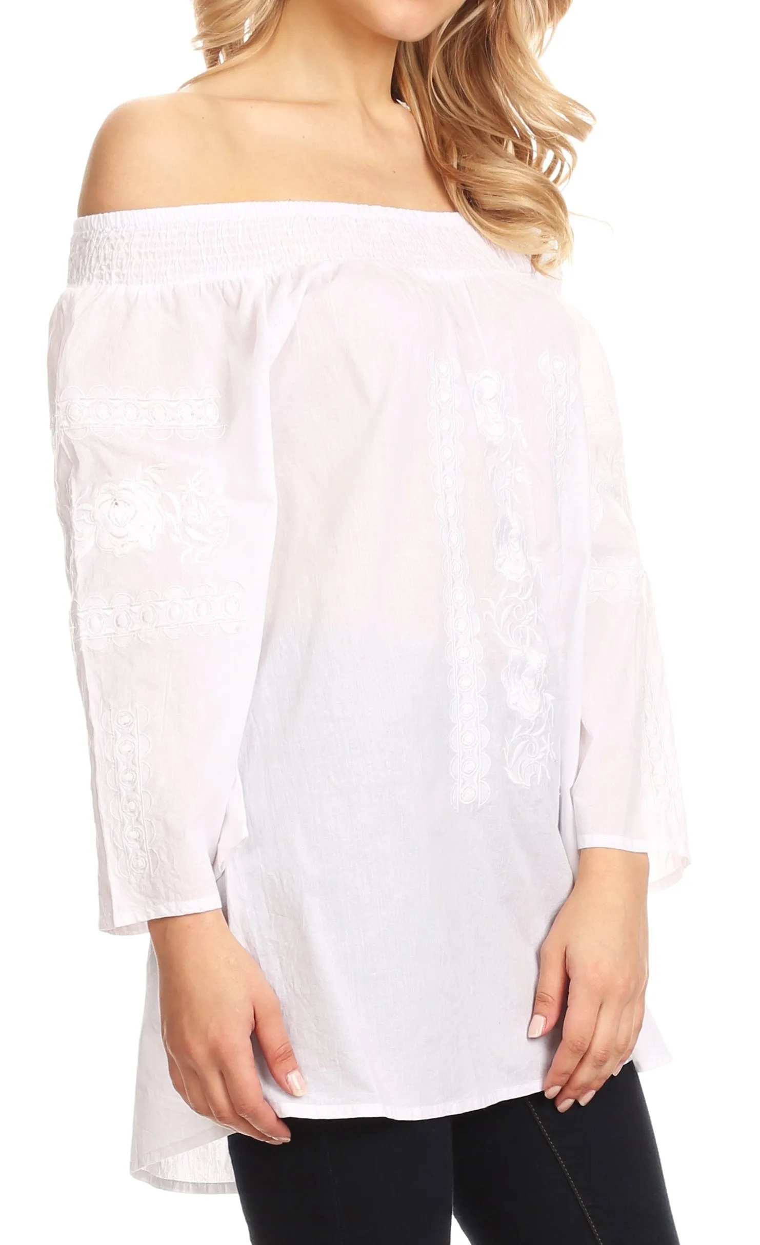 Sakkas Kaja Womens Peasant Off shoulder Cotton & Embroidery Blouse Top Relax Fit