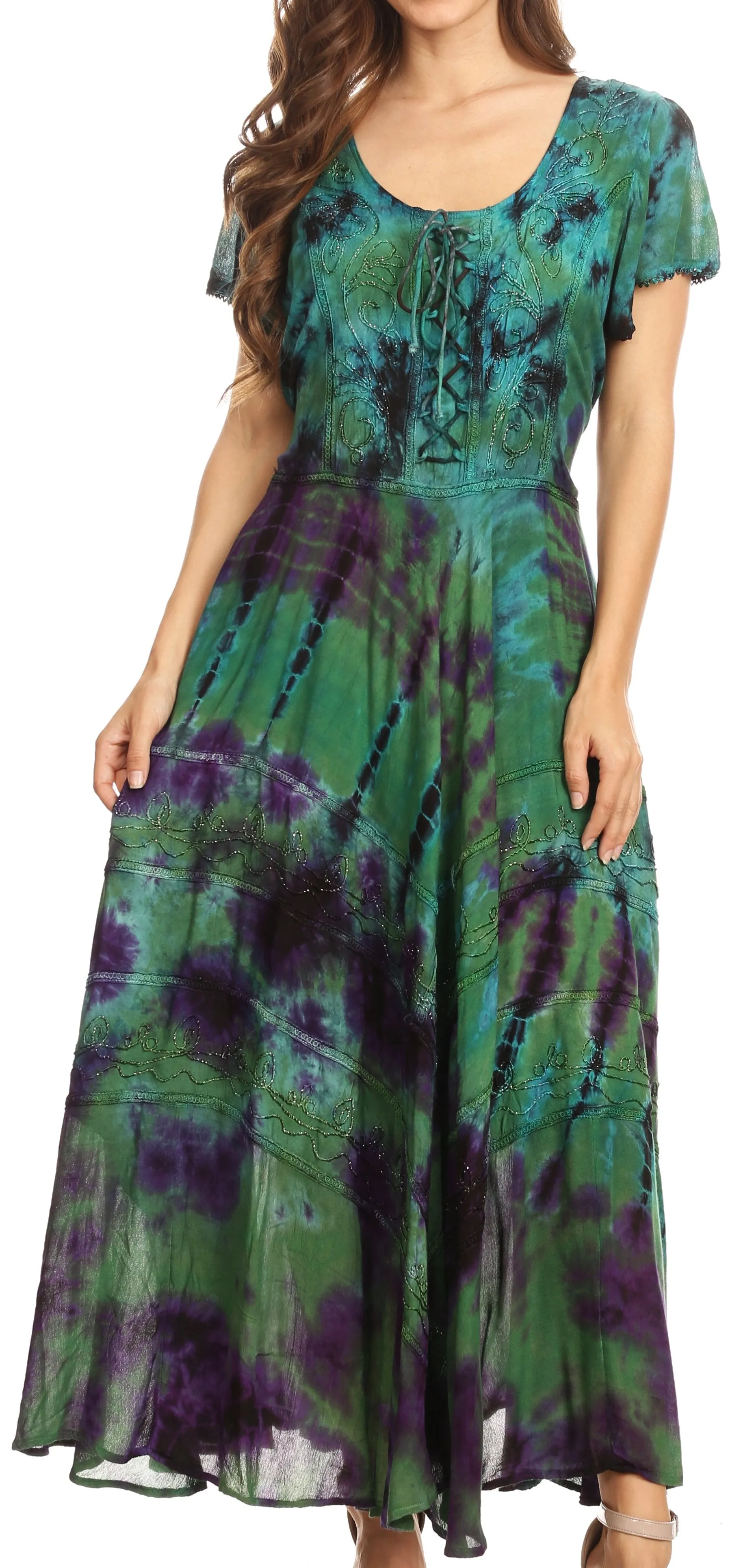 Sakkas Lia Short Sleeve Peasant Maxi Corset Tie-dye Dress with Embroidery Runs Big