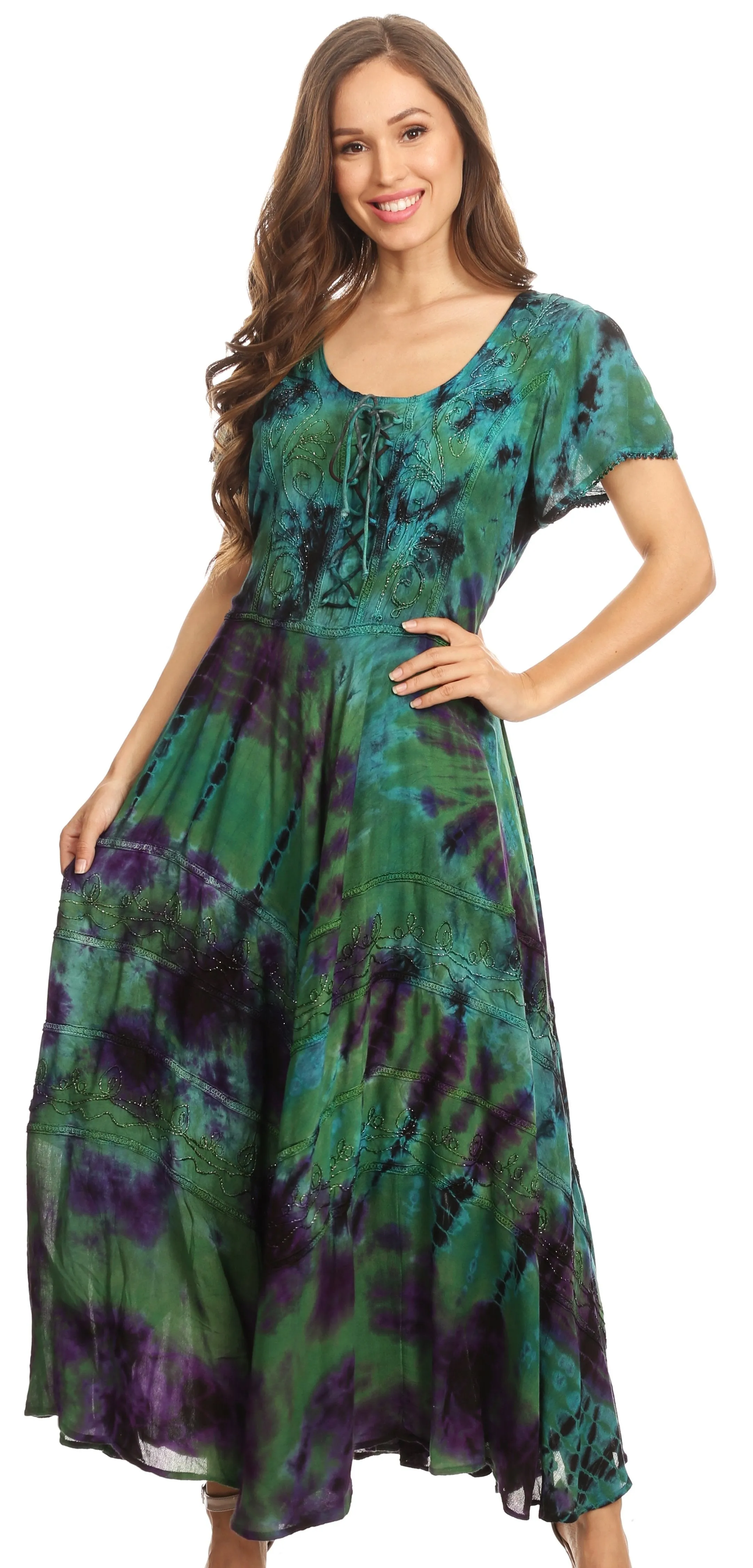 Sakkas Lia Short Sleeve Peasant Maxi Corset Tie-dye Dress with Embroidery Runs Big