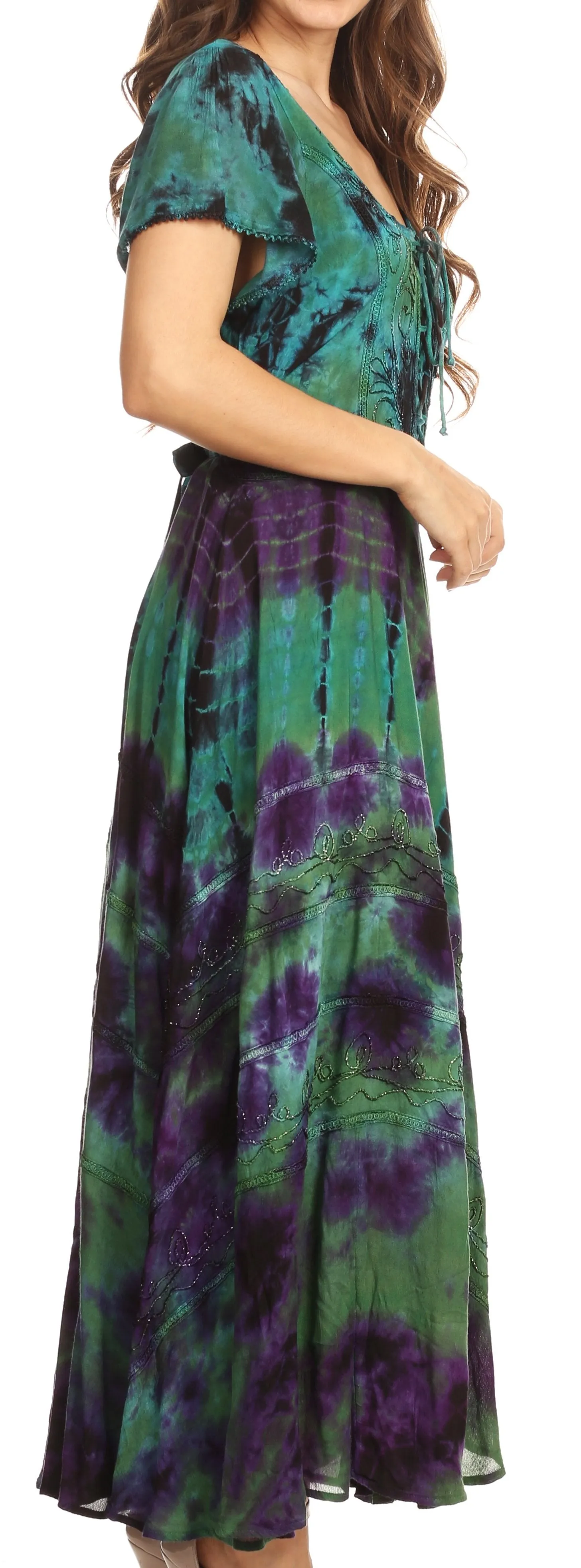 Sakkas Lia Short Sleeve Peasant Maxi Corset Tie-dye Dress with Embroidery Runs Big