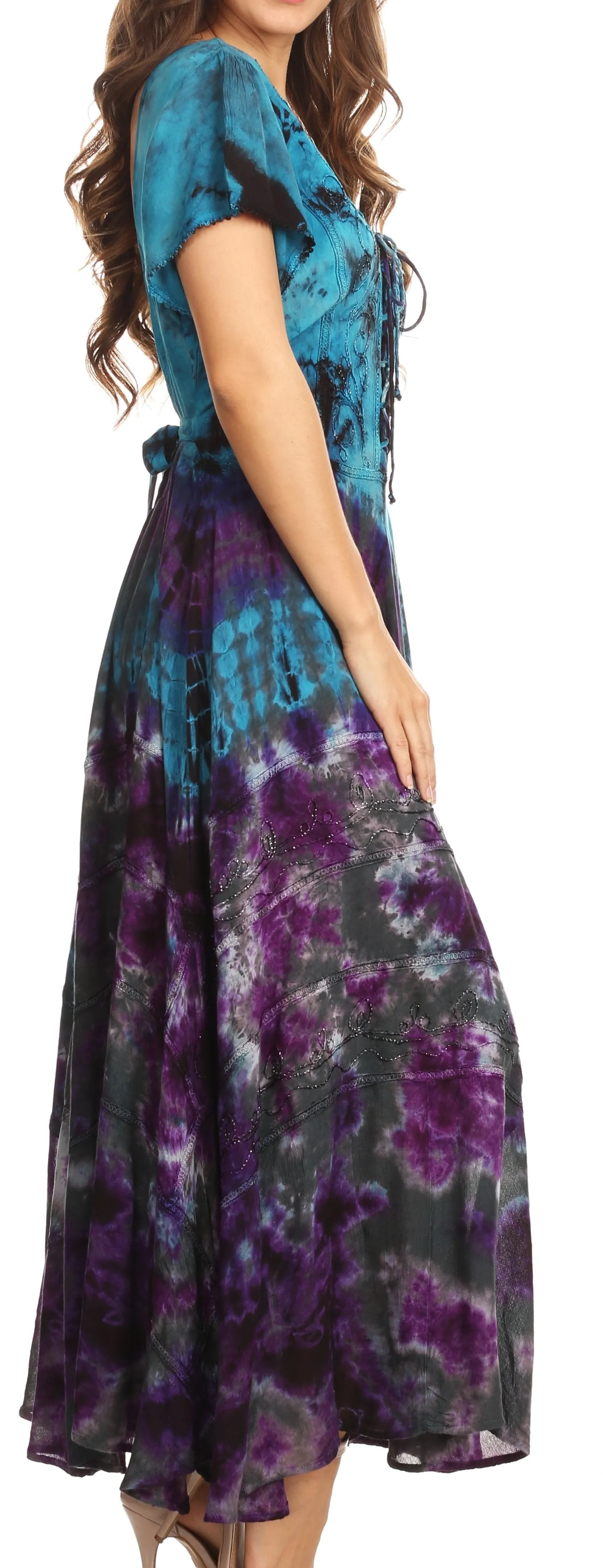 Sakkas Lia Short Sleeve Peasant Maxi Corset Tie-dye Dress with Embroidery Runs Big