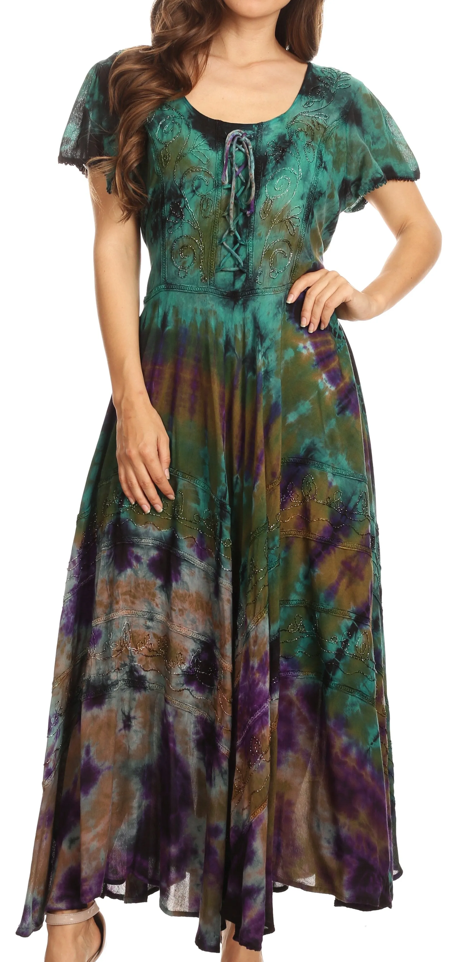 Sakkas Lia Short Sleeve Peasant Maxi Corset Tie-dye Dress with Embroidery Runs Big