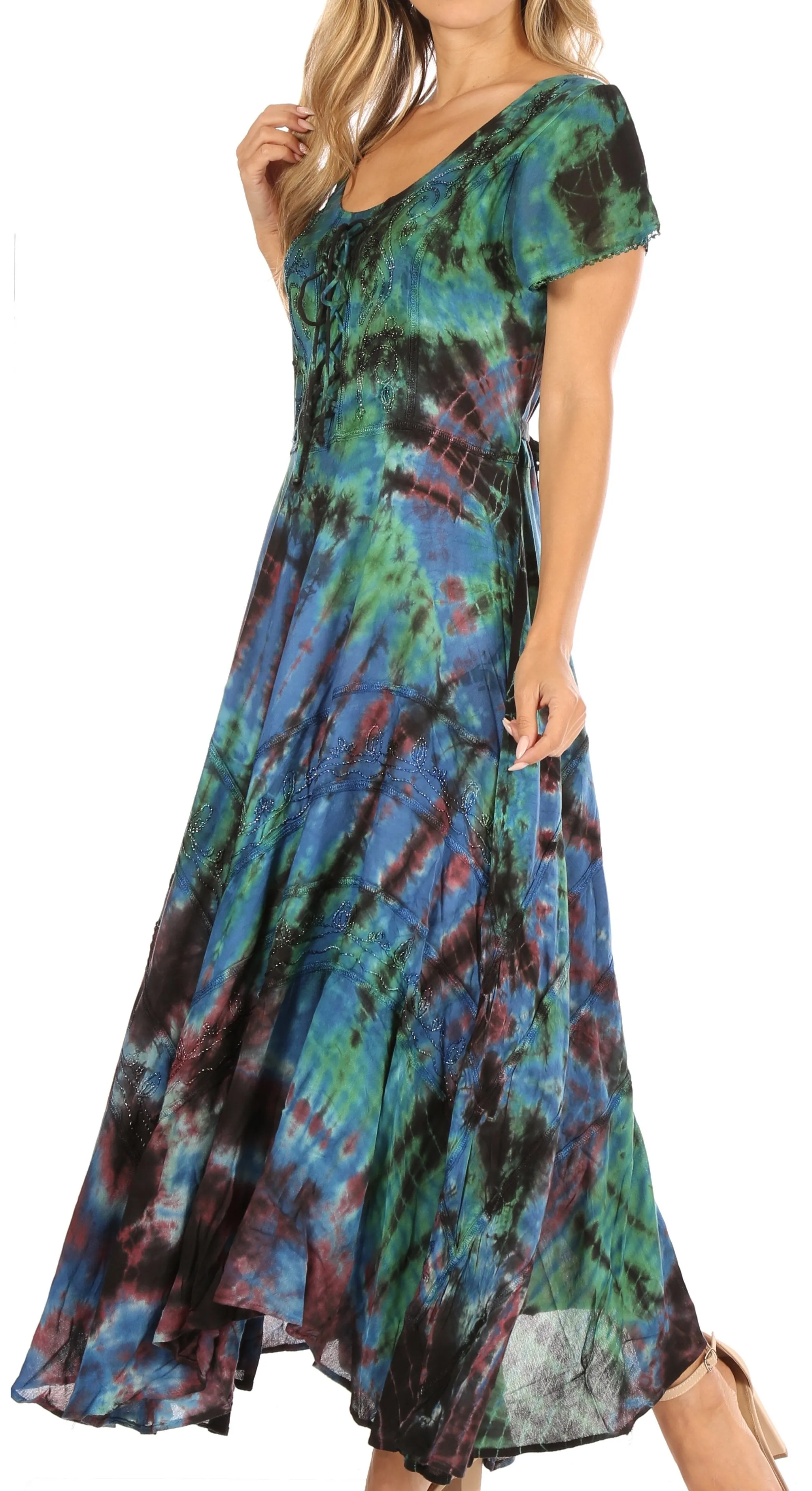 Sakkas Lia Short Sleeve Peasant Maxi Corset Tie-dye Dress with Embroidery Runs Big