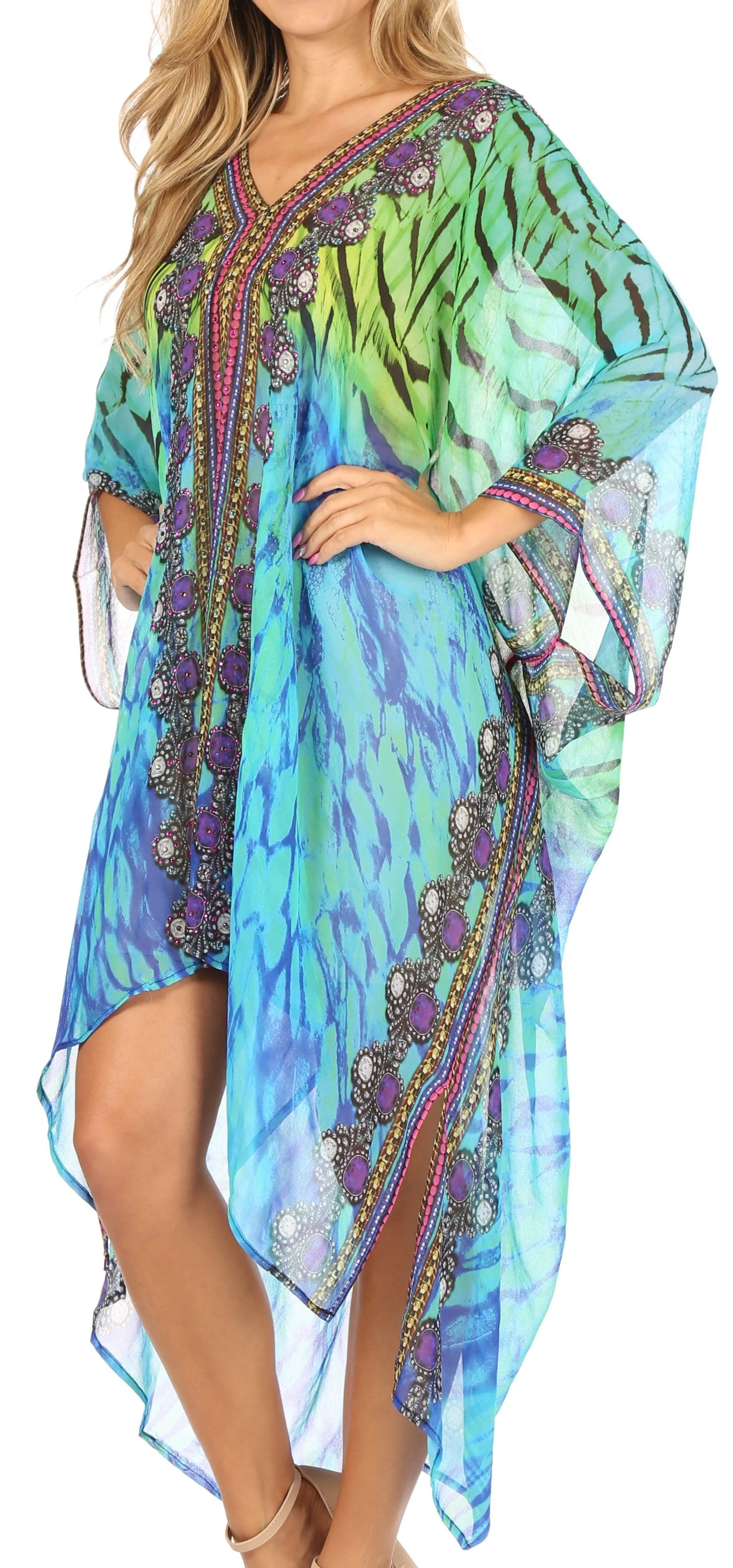 Sakkas Livi  Women's V Neck Beach Dress Cover up Caftan Top Loose with Rhinestone