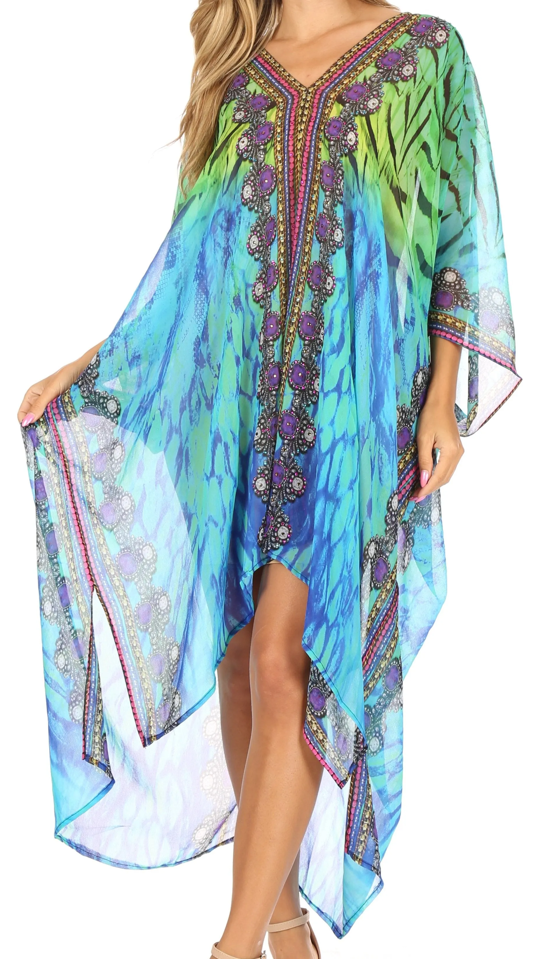 Sakkas Livi  Women's V Neck Beach Dress Cover up Caftan Top Loose with Rhinestone