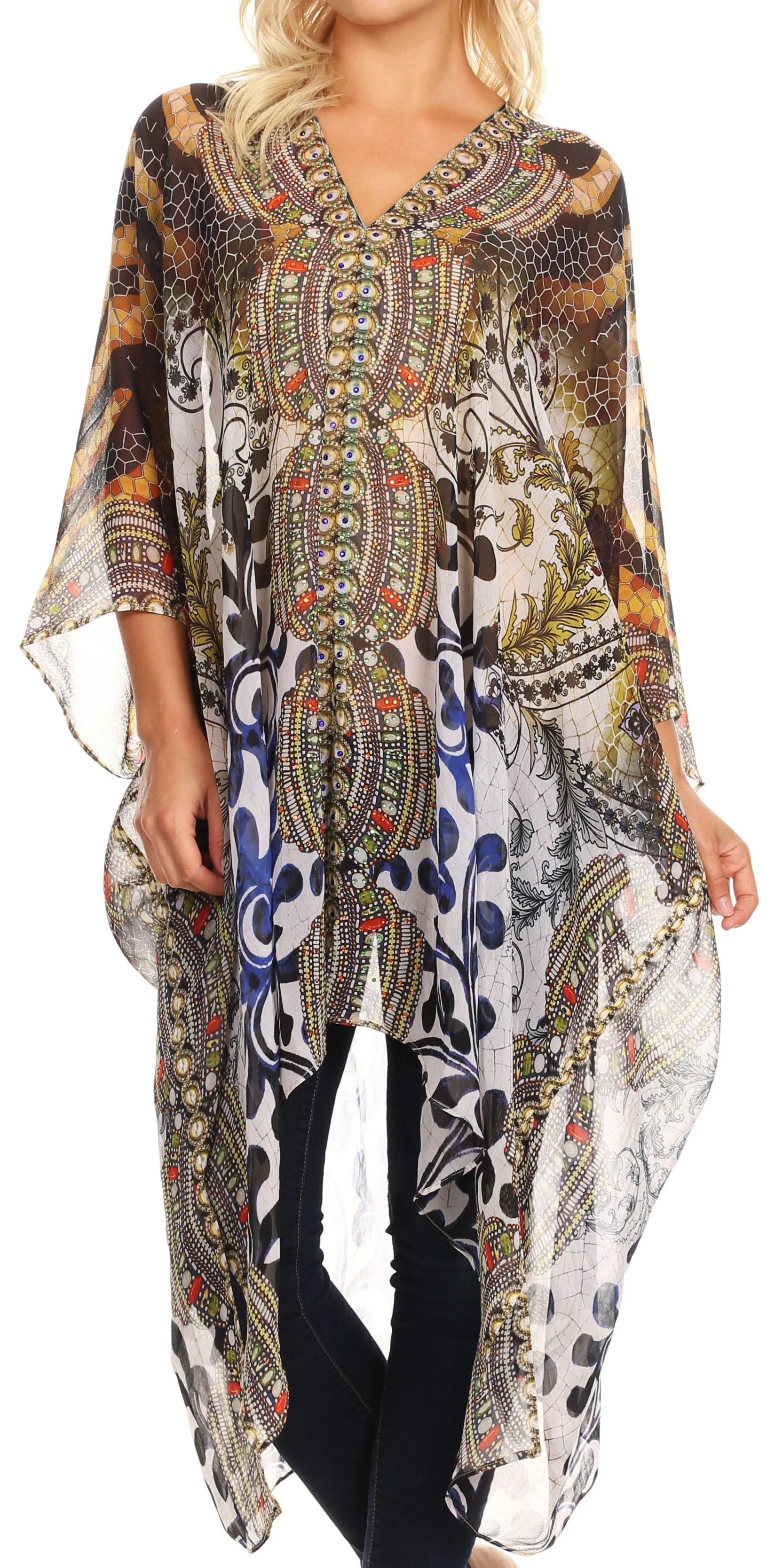 Sakkas Livi  Women's V Neck Beach Dress Cover up Caftan Top Loose with Rhinestone