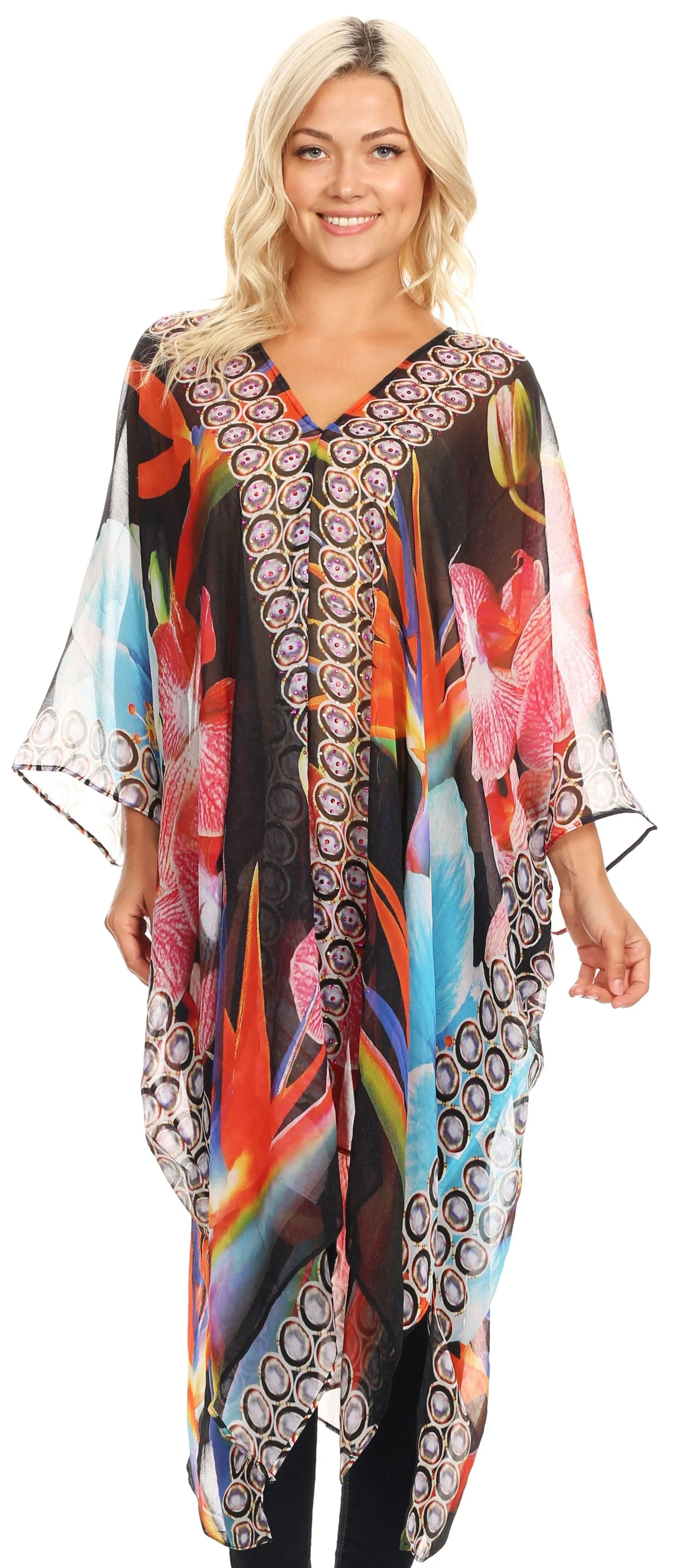 Sakkas Livi  Women's V Neck Beach Dress Cover up Caftan Top Loose with Rhinestone