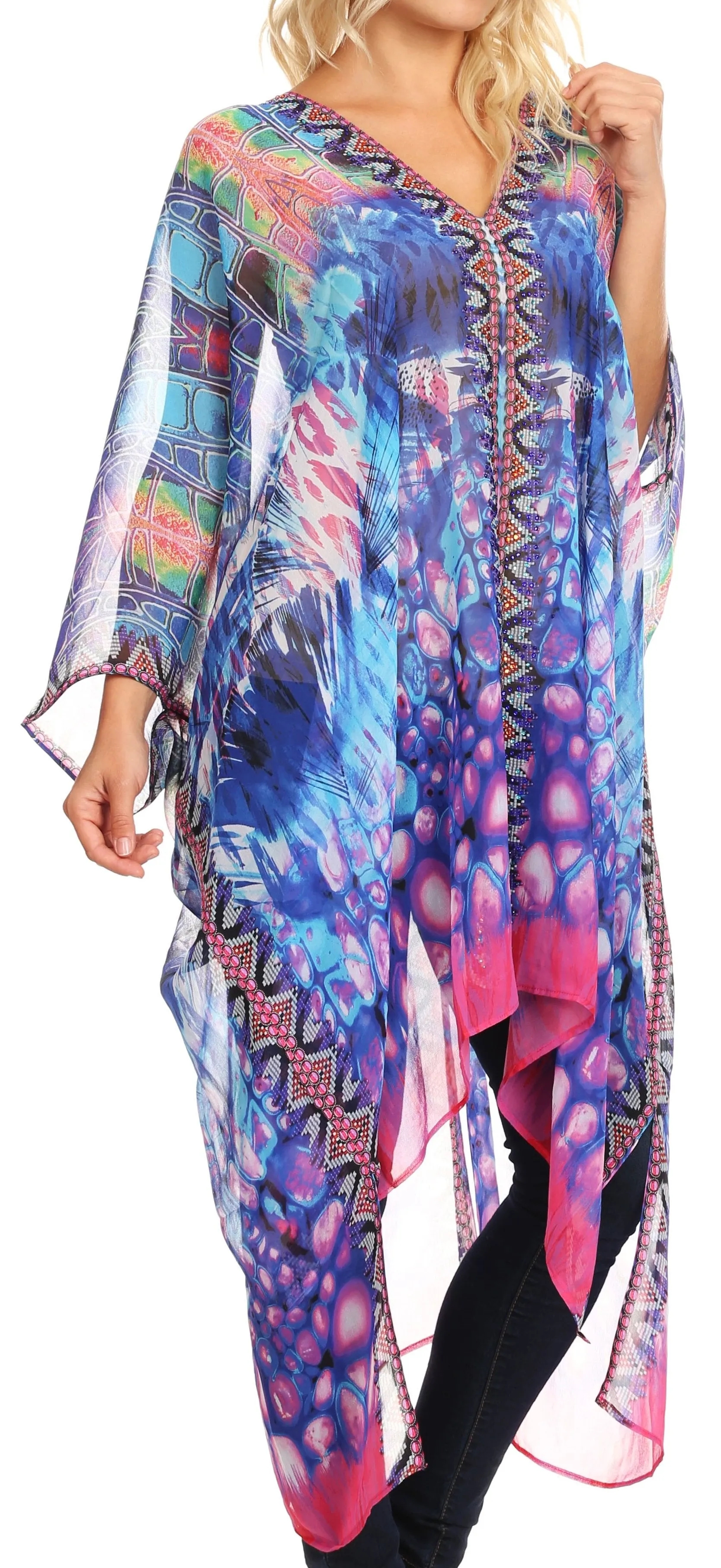 Sakkas Livi  Women's V Neck Beach Dress Cover up Caftan Top Loose with Rhinestone