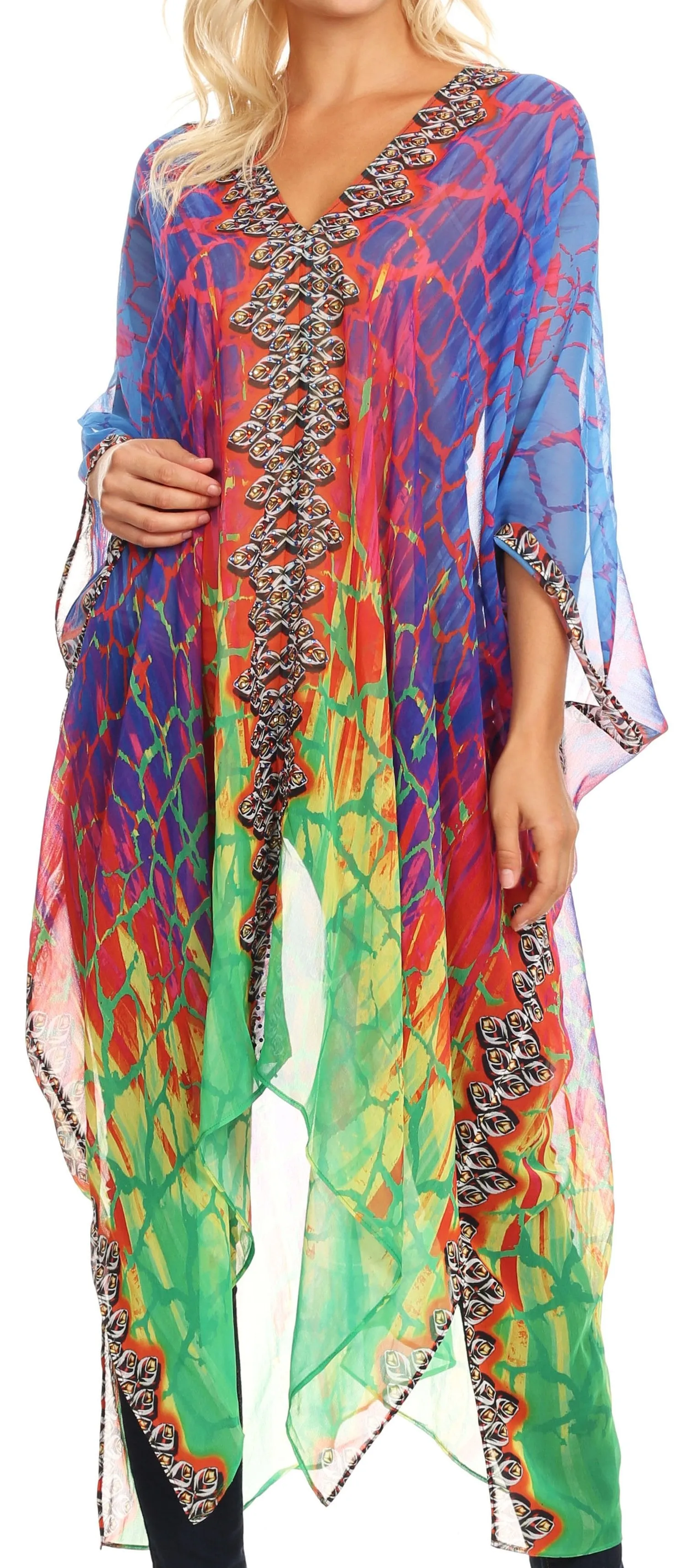 Sakkas Livi  Women's V Neck Beach Dress Cover up Caftan Top Loose with Rhinestone