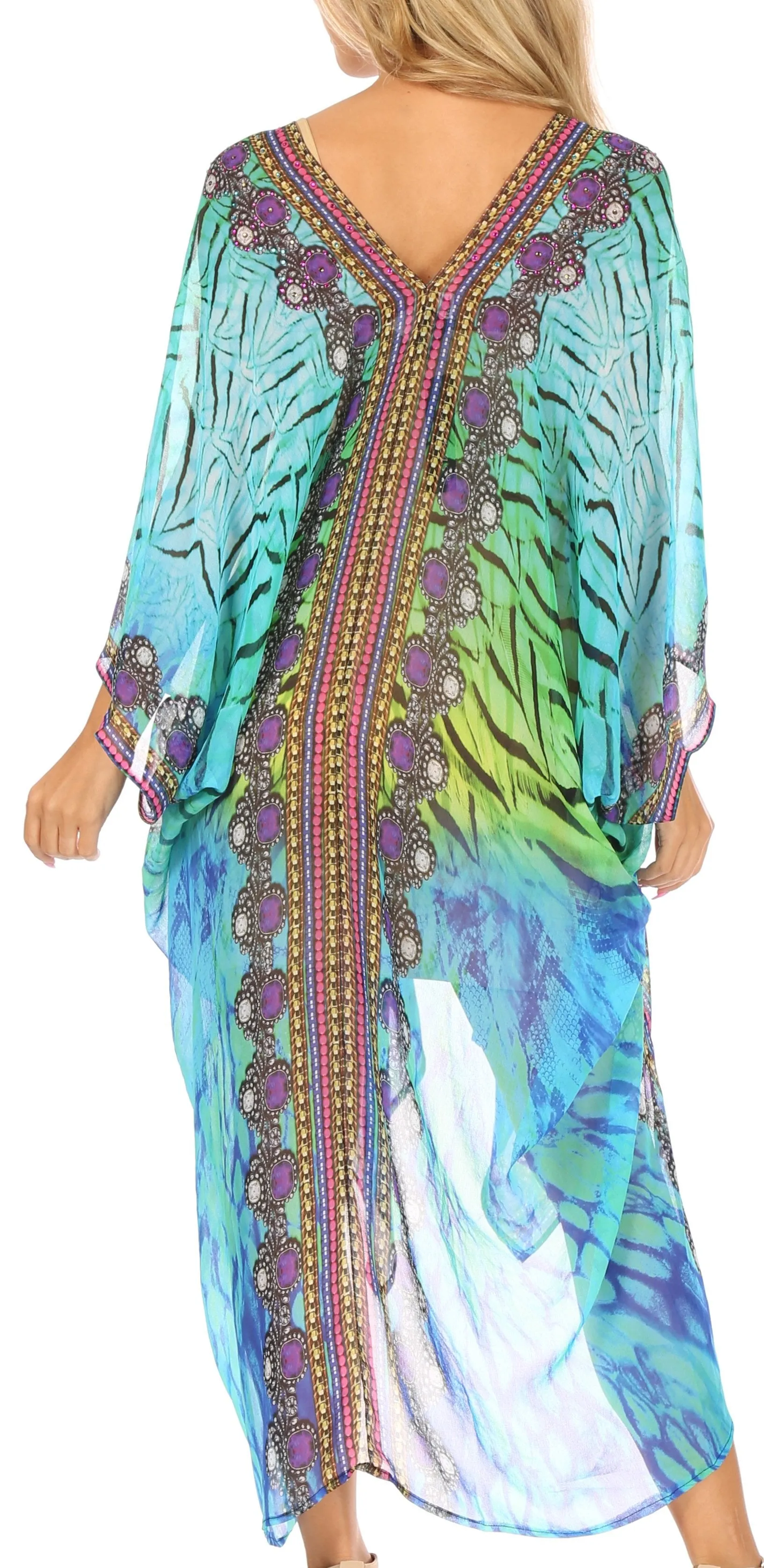 Sakkas Livi  Women's V Neck Beach Dress Cover up Caftan Top Loose with Rhinestone