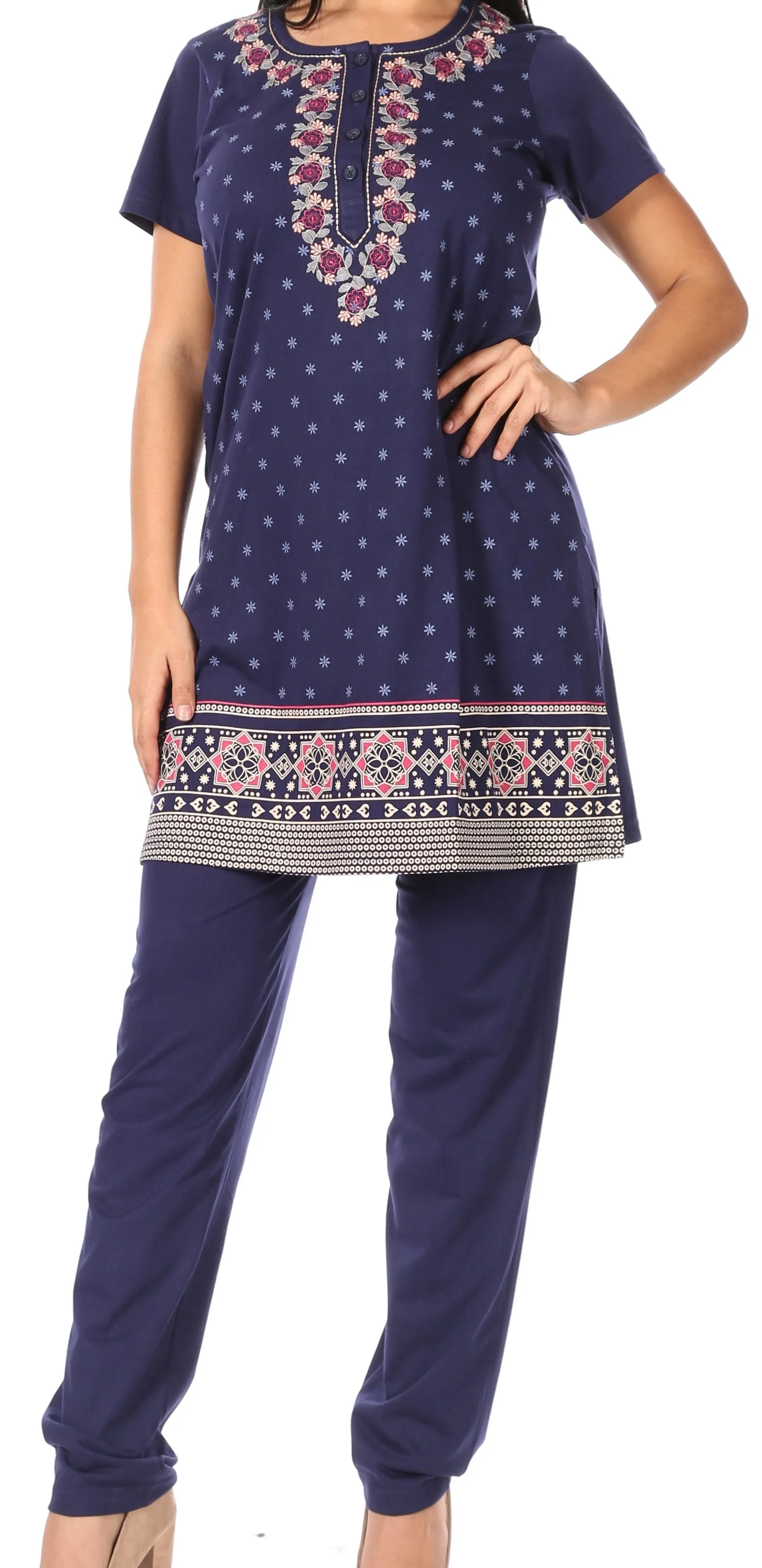 Sakkas Maria Women's Casual Tunic Kurta Knit Plain Embroidered Kurti Pant Set Soft