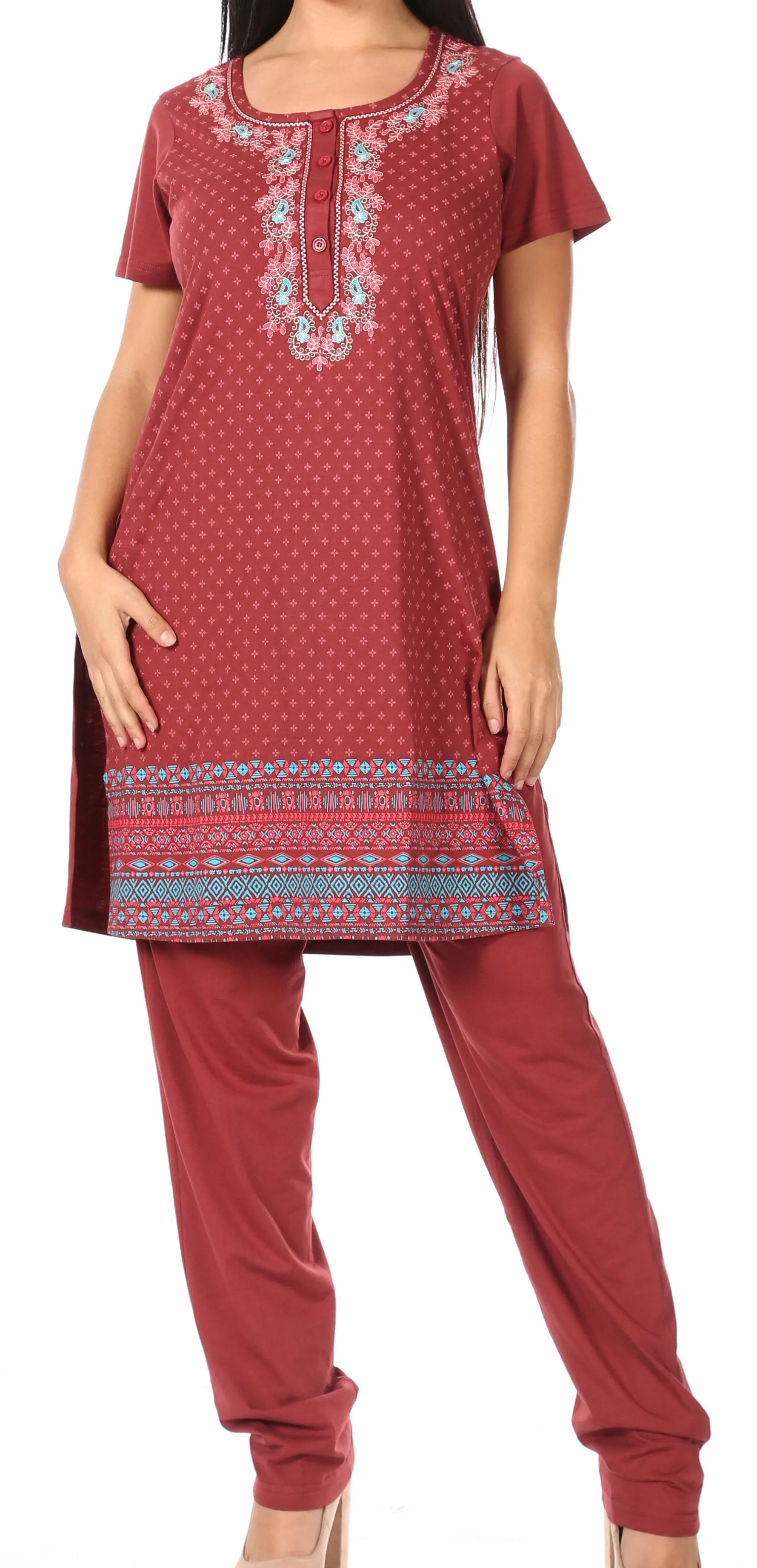 Sakkas Maria Women's Casual Tunic Kurta Knit Plain Embroidered Kurti Pant Set Soft