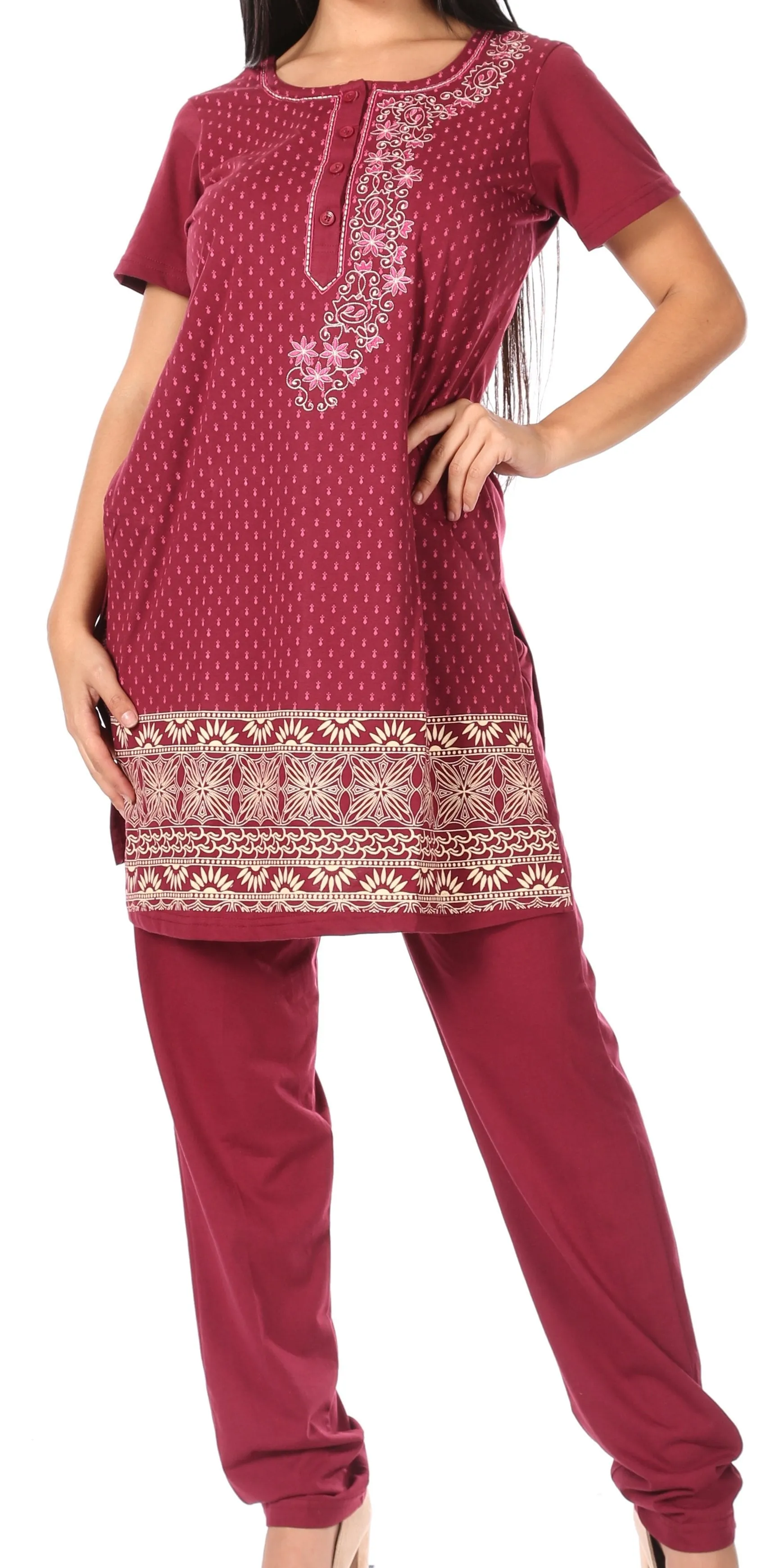 Sakkas Maria Women's Casual Tunic Kurta Knit Plain Embroidered Kurti Pant Set Soft