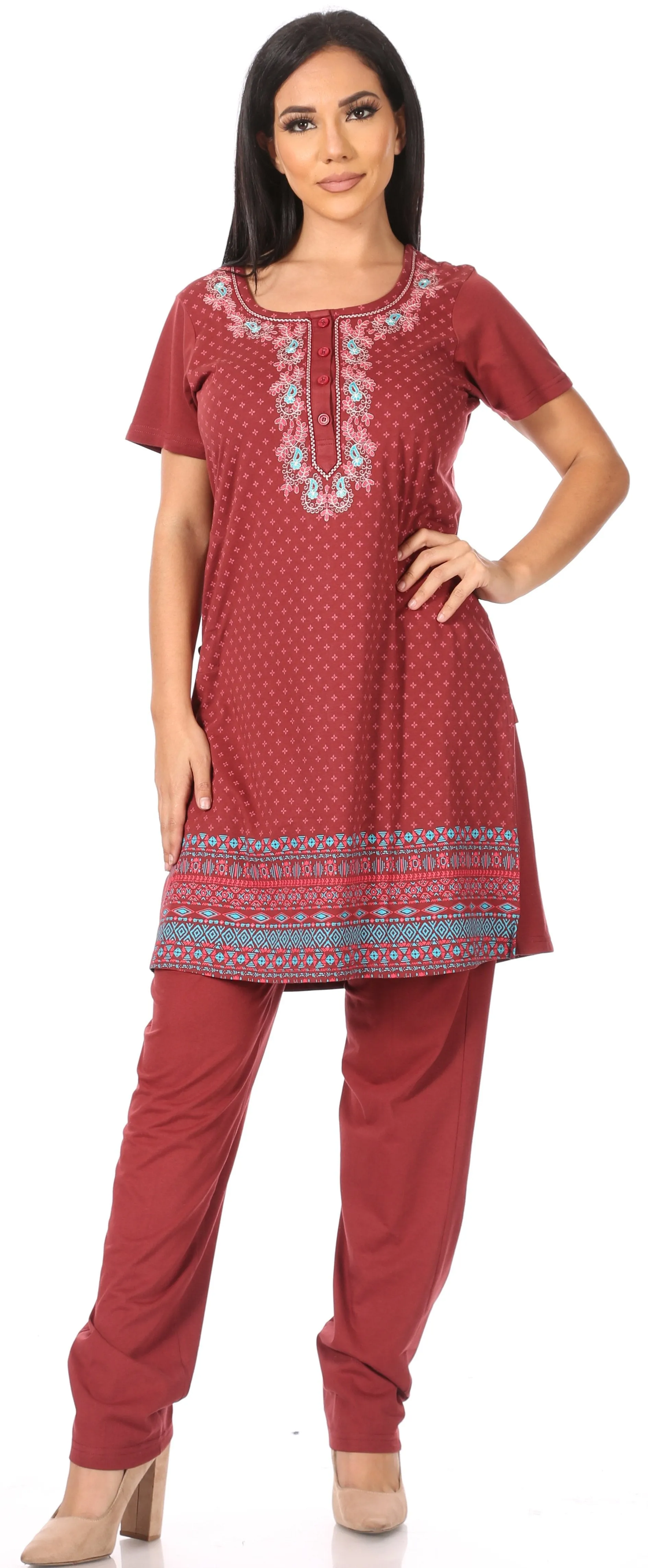 Sakkas Maria Women's Casual Tunic Kurta Knit Plain Embroidered Kurti Pant Set Soft