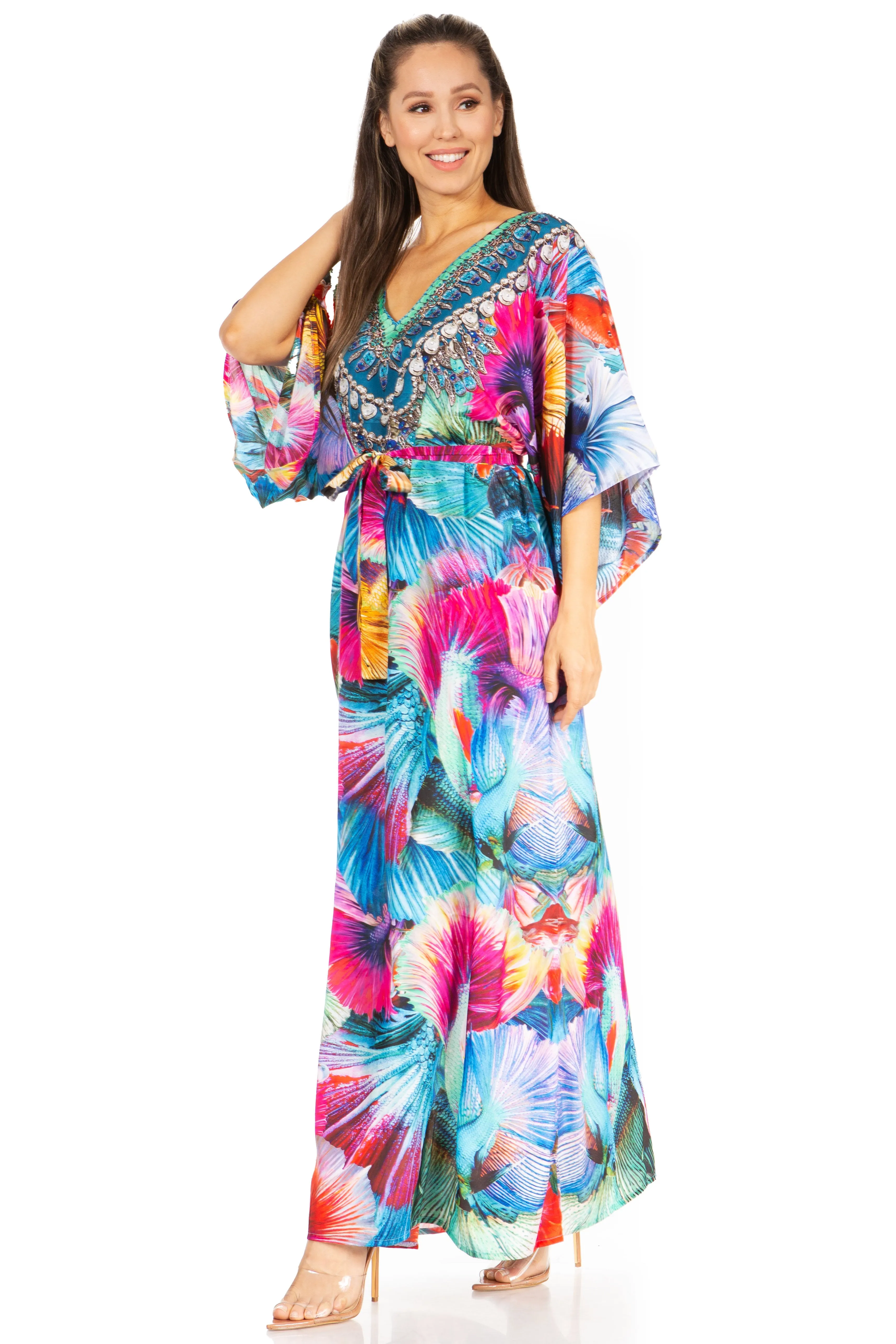 Sakkas Maribel Maxi Caftan Dress - Women's V-Neck, Short Sleeves