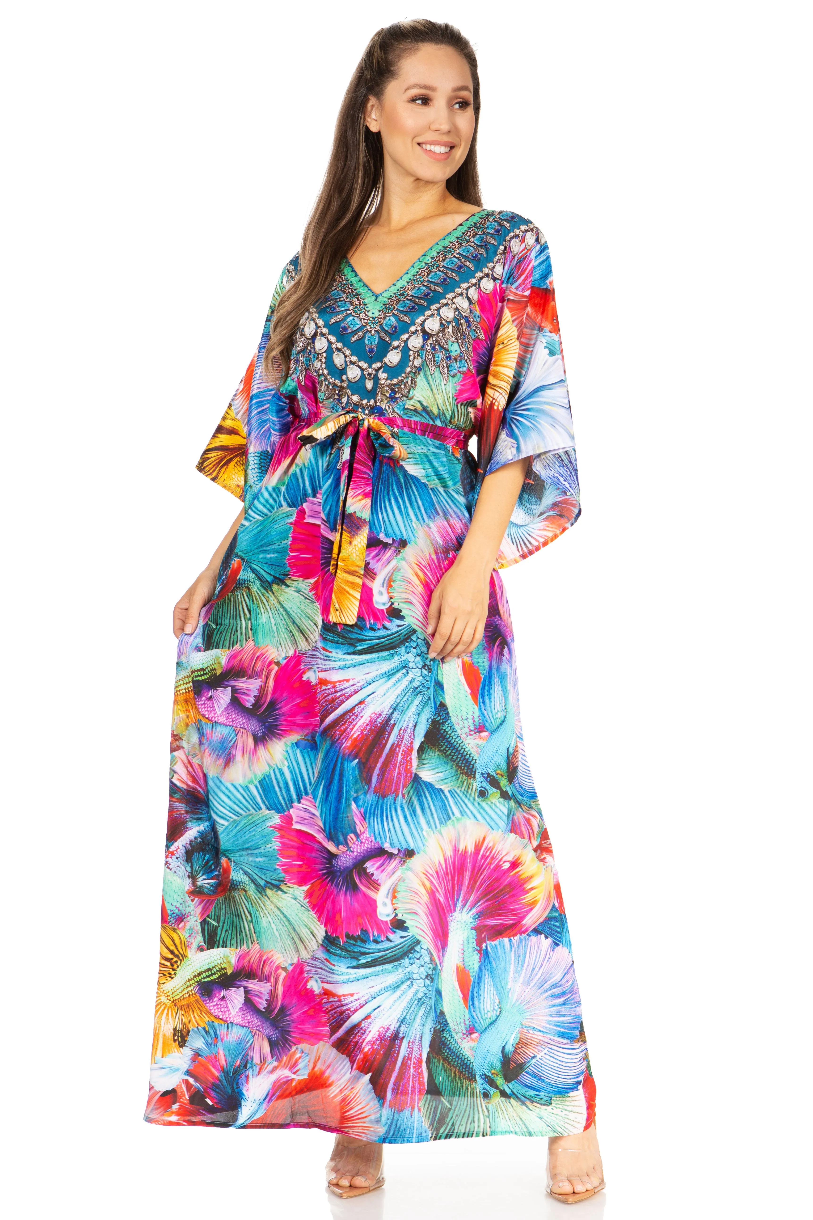 Sakkas Maribel Maxi Caftan Dress - Women's V-Neck, Short Sleeves