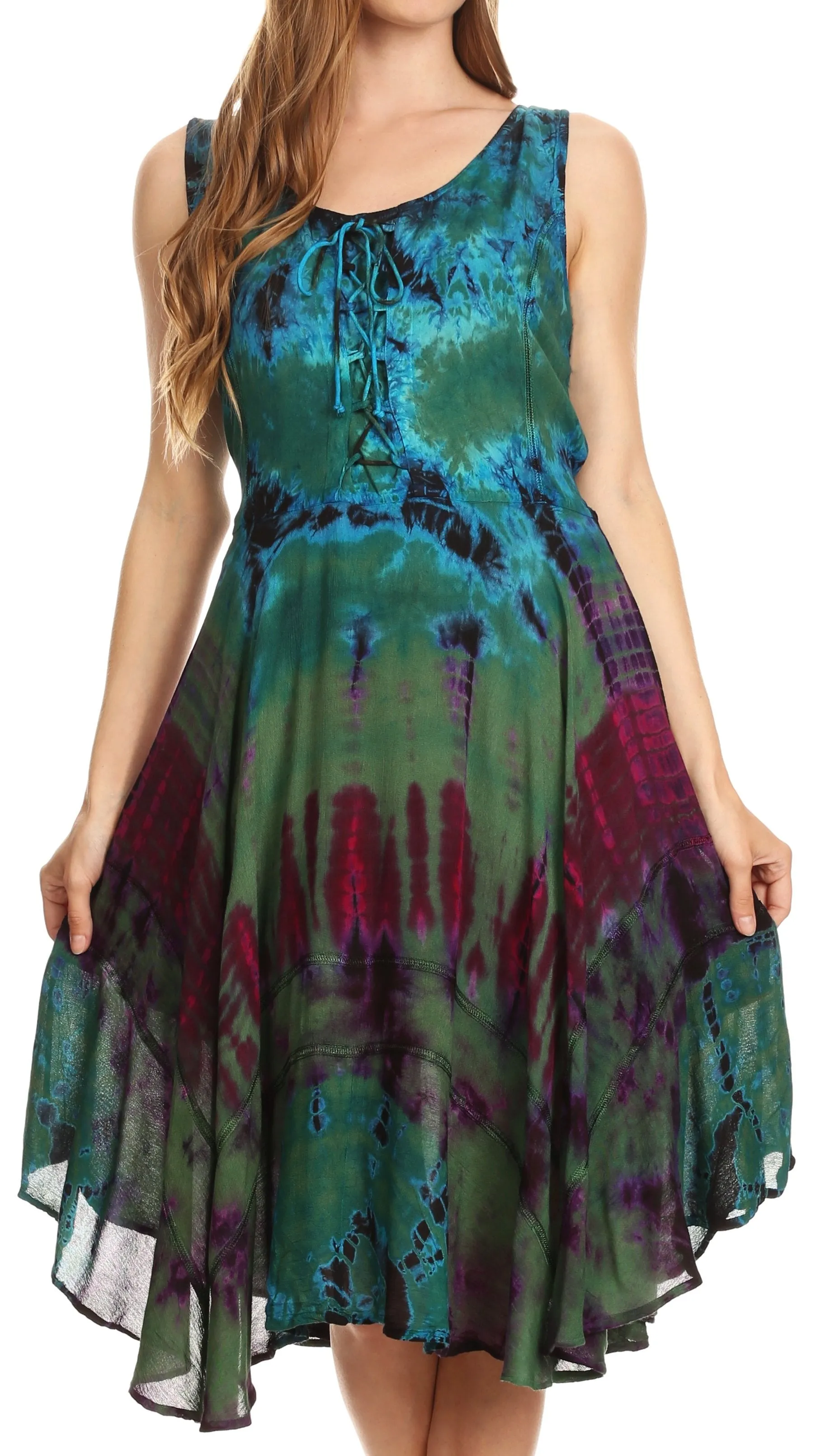 Sakkas Mathilde  Marble Tie-dye Sleeveless Tank Dress Tiered and Corset