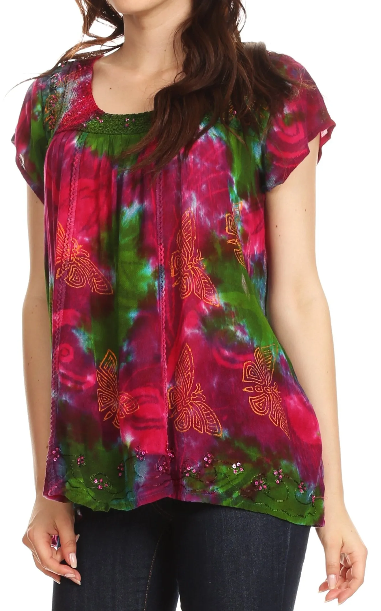 Sakkas Olga Petite Slim Colorful Tie-Dye Short Sleeve Top Blouse with Embroidery