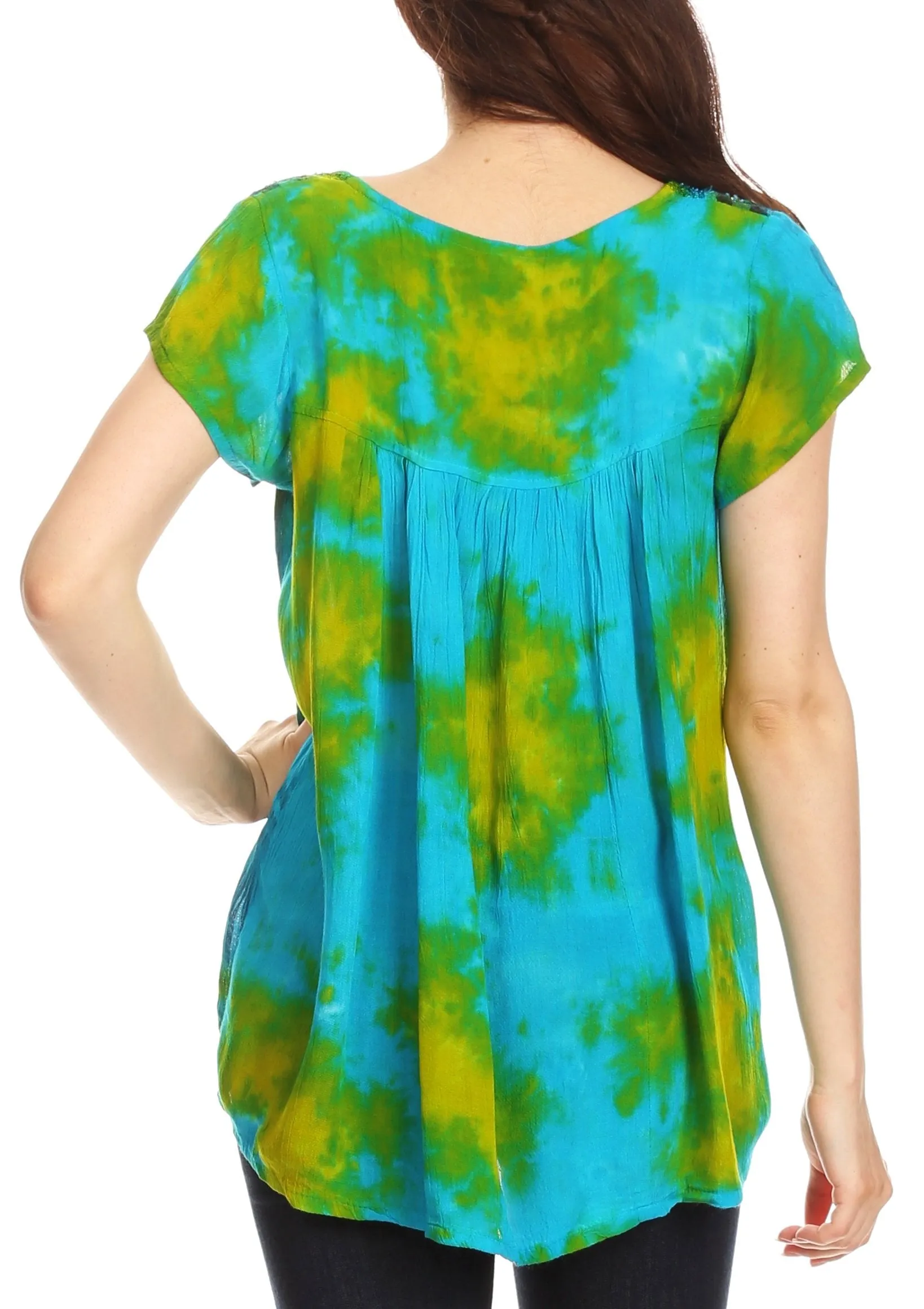 Sakkas Olga Petite Slim Colorful Tie-Dye Short Sleeve Top Blouse with Embroidery