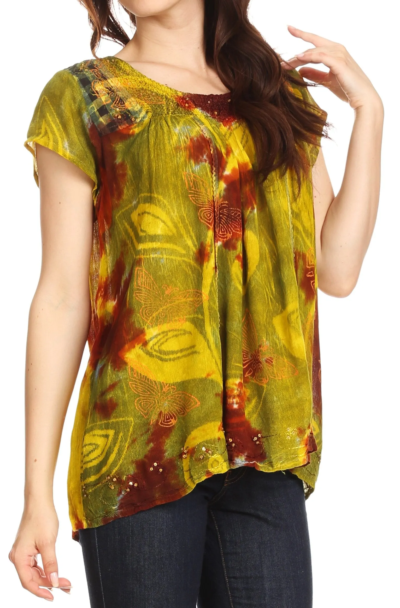 Sakkas Olga Petite Slim Colorful Tie-Dye Short Sleeve Top Blouse with Embroidery