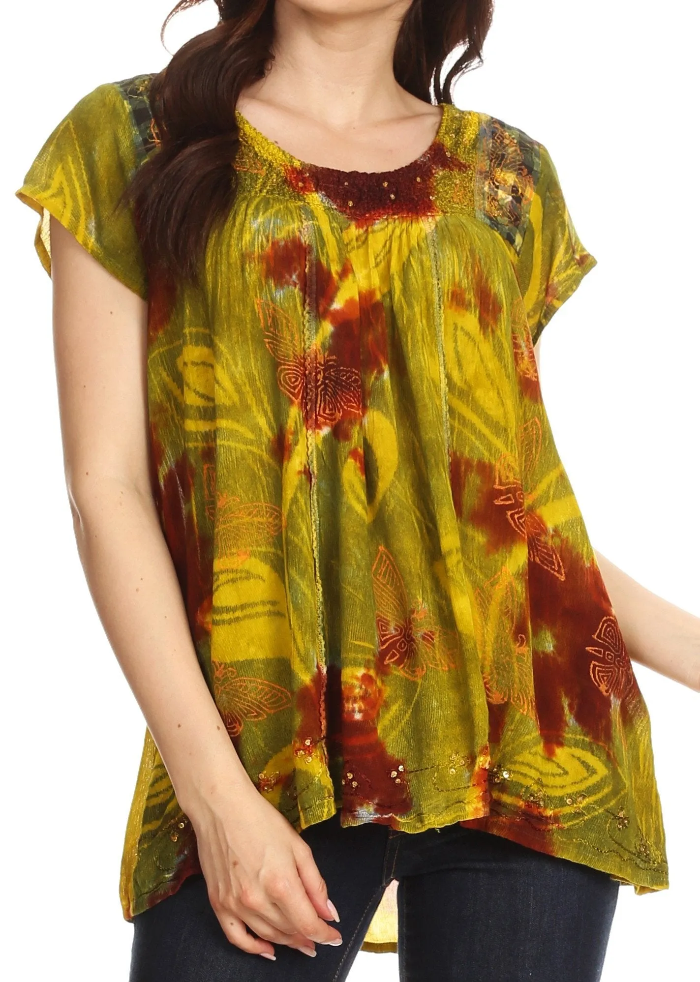 Sakkas Olga Petite Slim Colorful Tie-Dye Short Sleeve Top Blouse with Embroidery