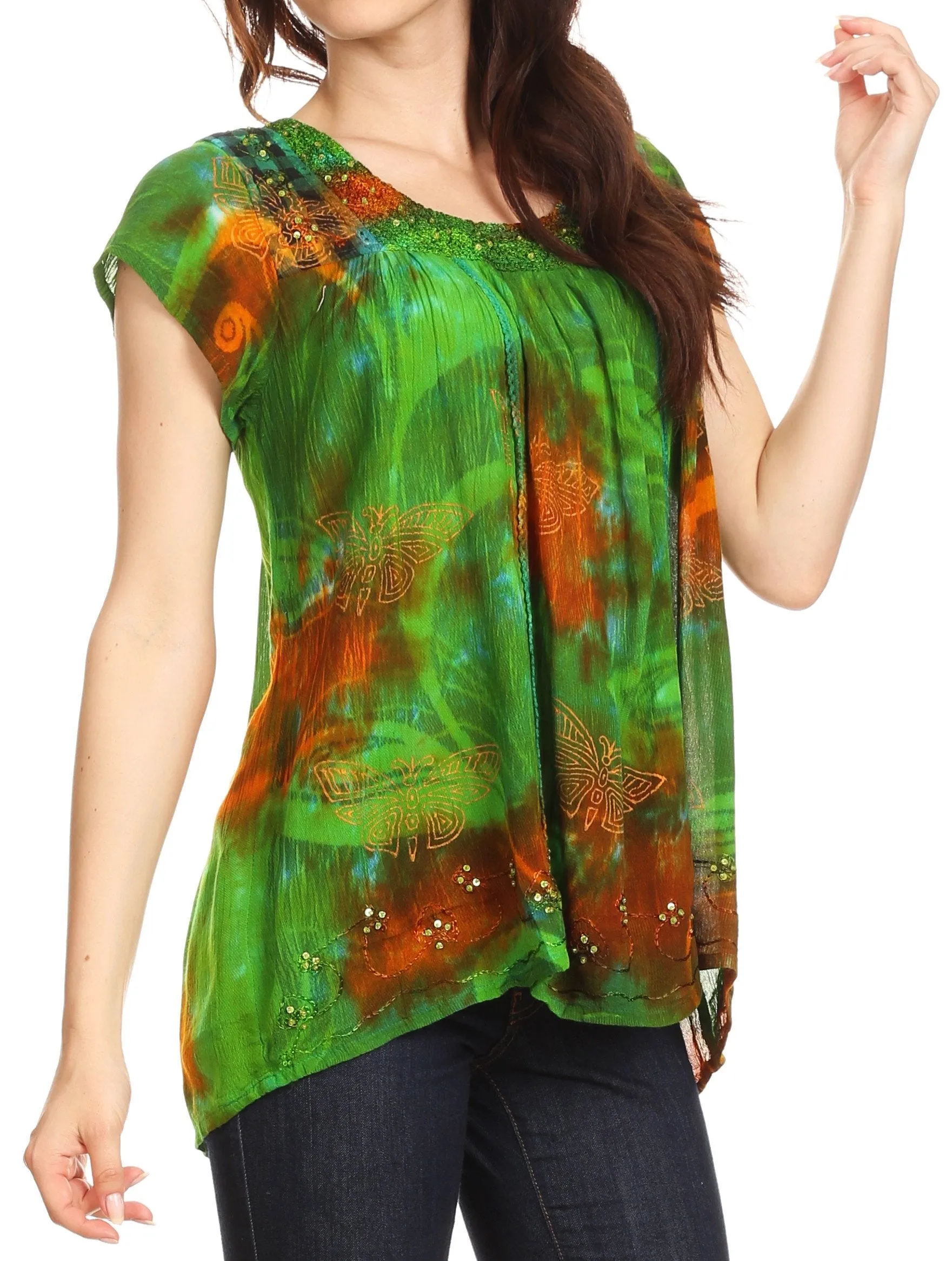 Sakkas Olga Petite Slim Colorful Tie-Dye Short Sleeve Top Blouse with Embroidery