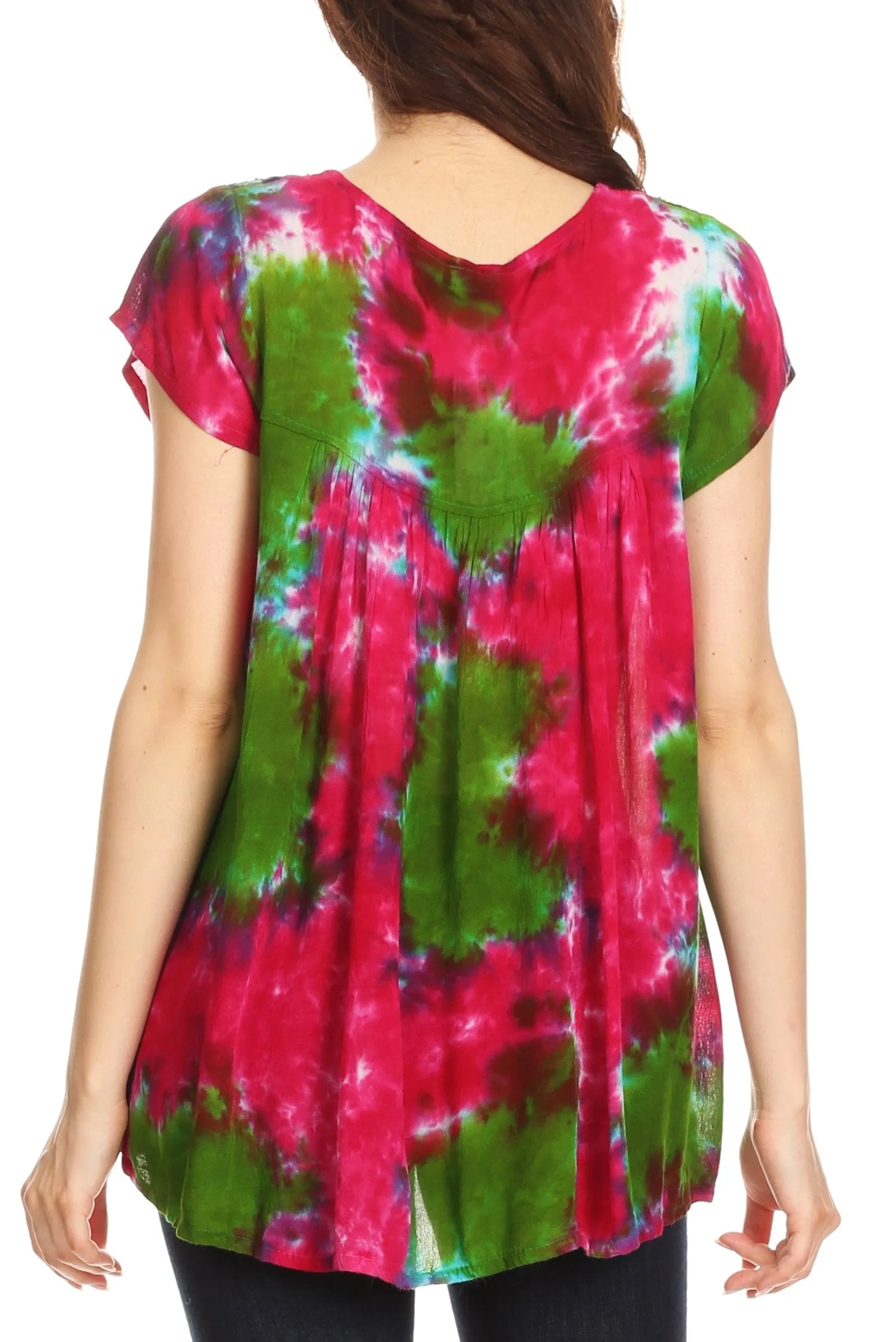 Sakkas Olga Petite Slim Colorful Tie-Dye Short Sleeve Top Blouse with Embroidery