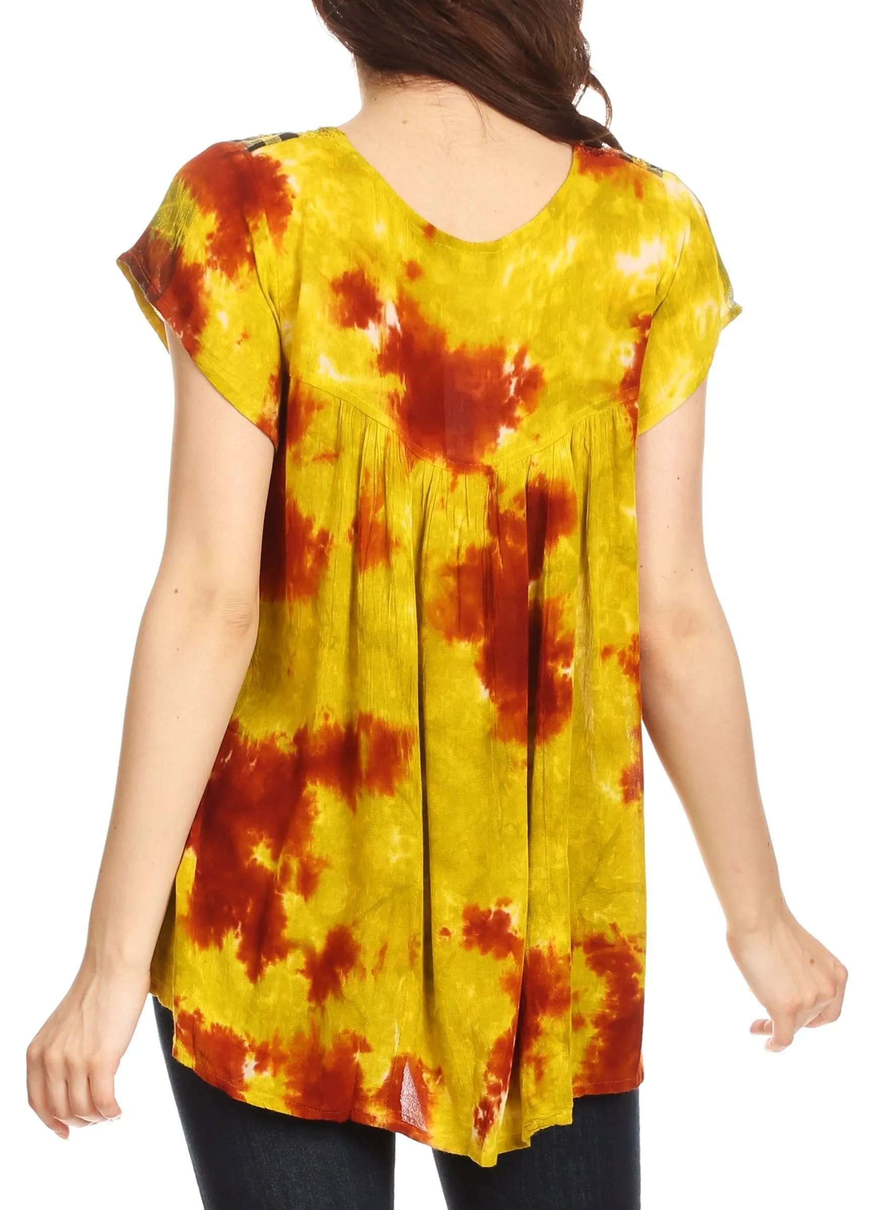 Sakkas Olga Petite Slim Colorful Tie-Dye Short Sleeve Top Blouse with Embroidery