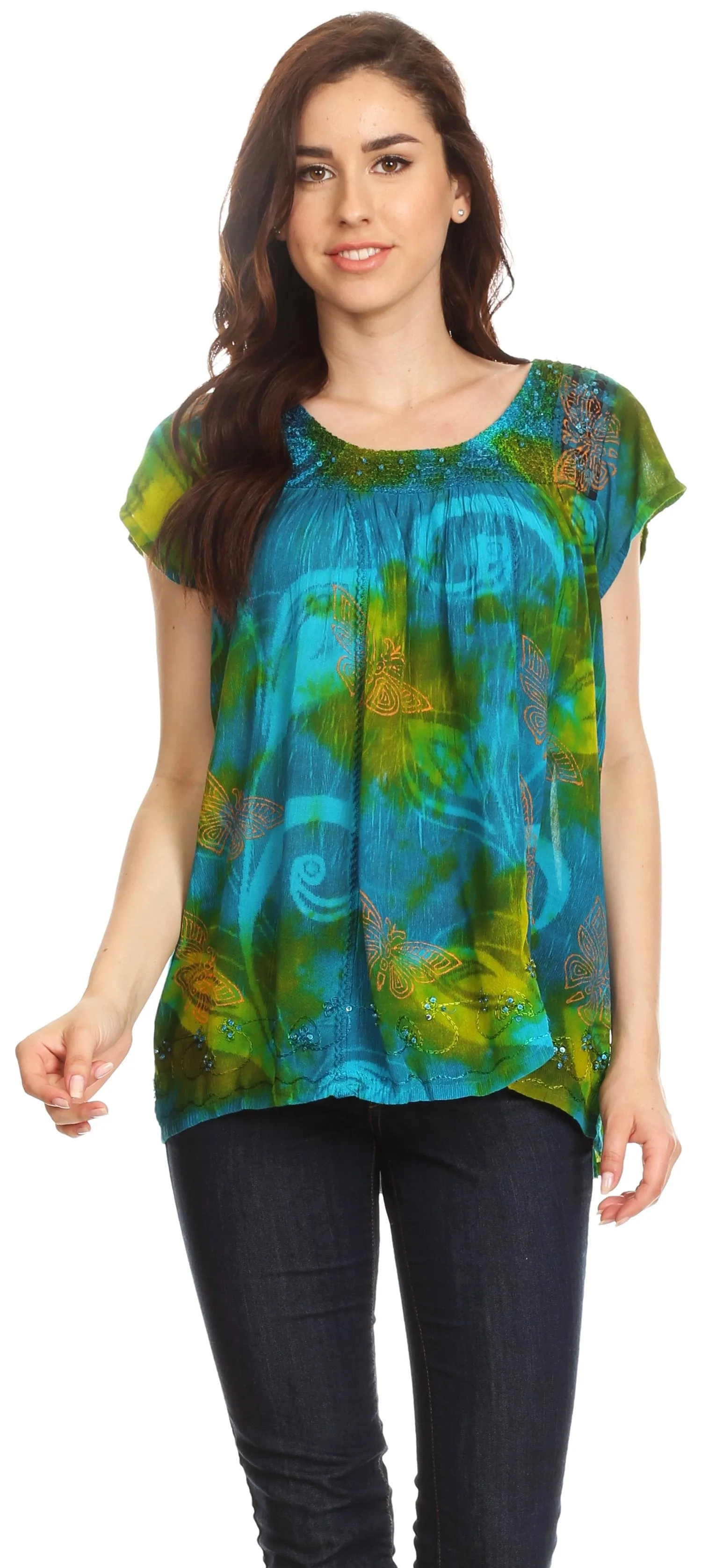 Sakkas Olga Petite Slim Colorful Tie-Dye Short Sleeve Top Blouse with Embroidery