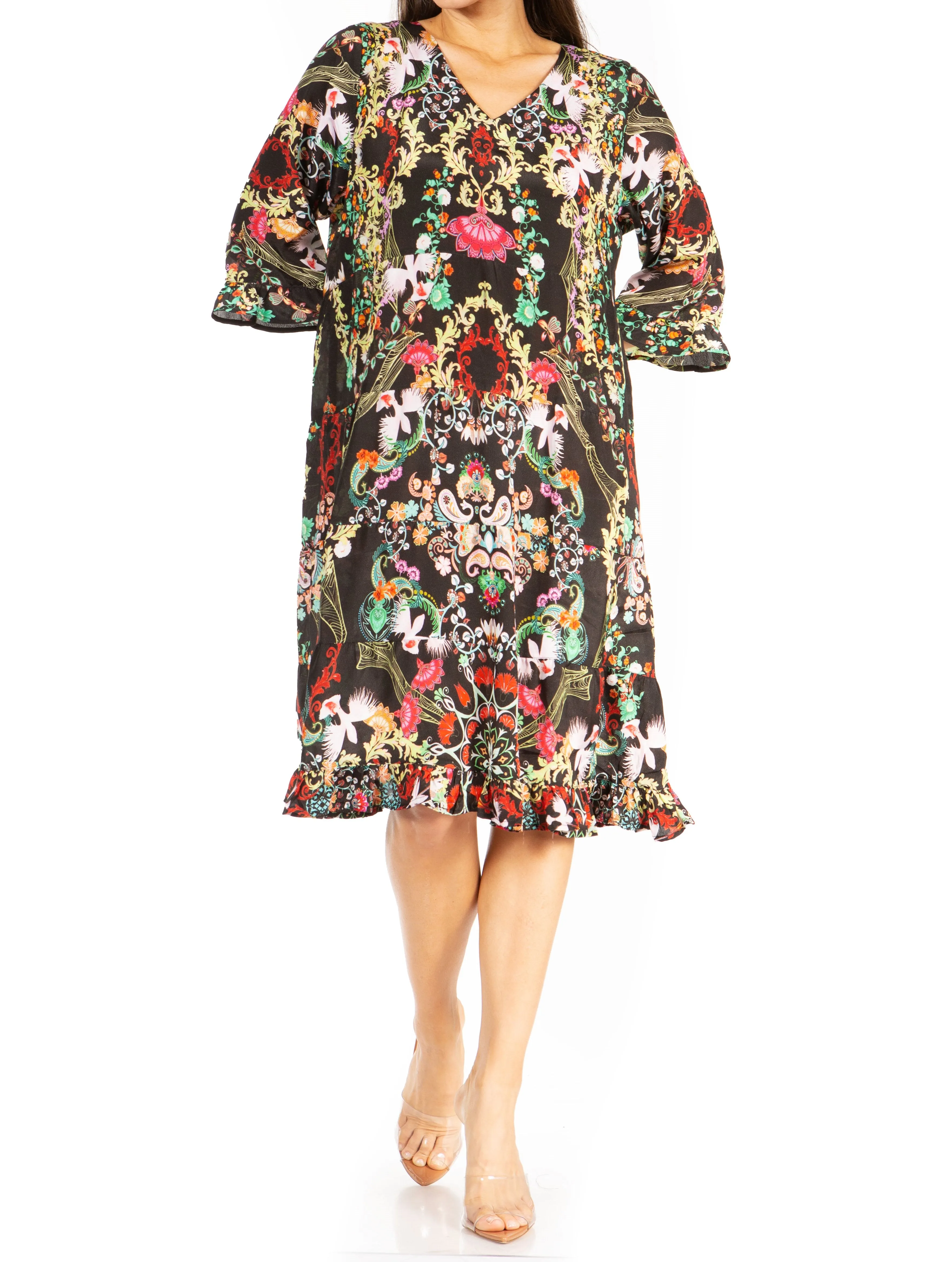 Sakkas Ozana Women's Floral Midi Cocktail Dress, V-Neck, 3/4 Sleeve