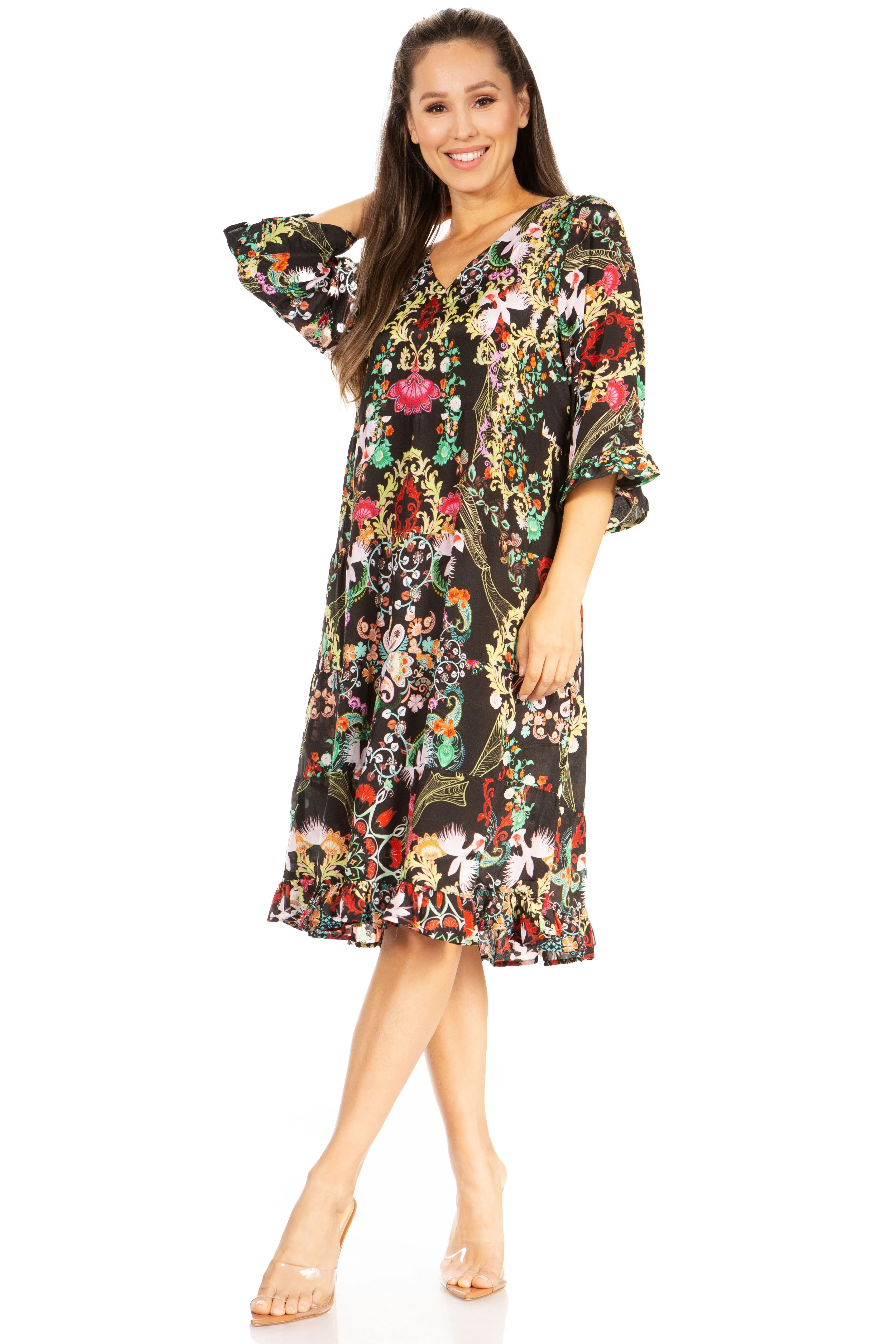 Sakkas Ozana Women's Floral Midi Cocktail Dress, V-Neck, 3/4 Sleeve