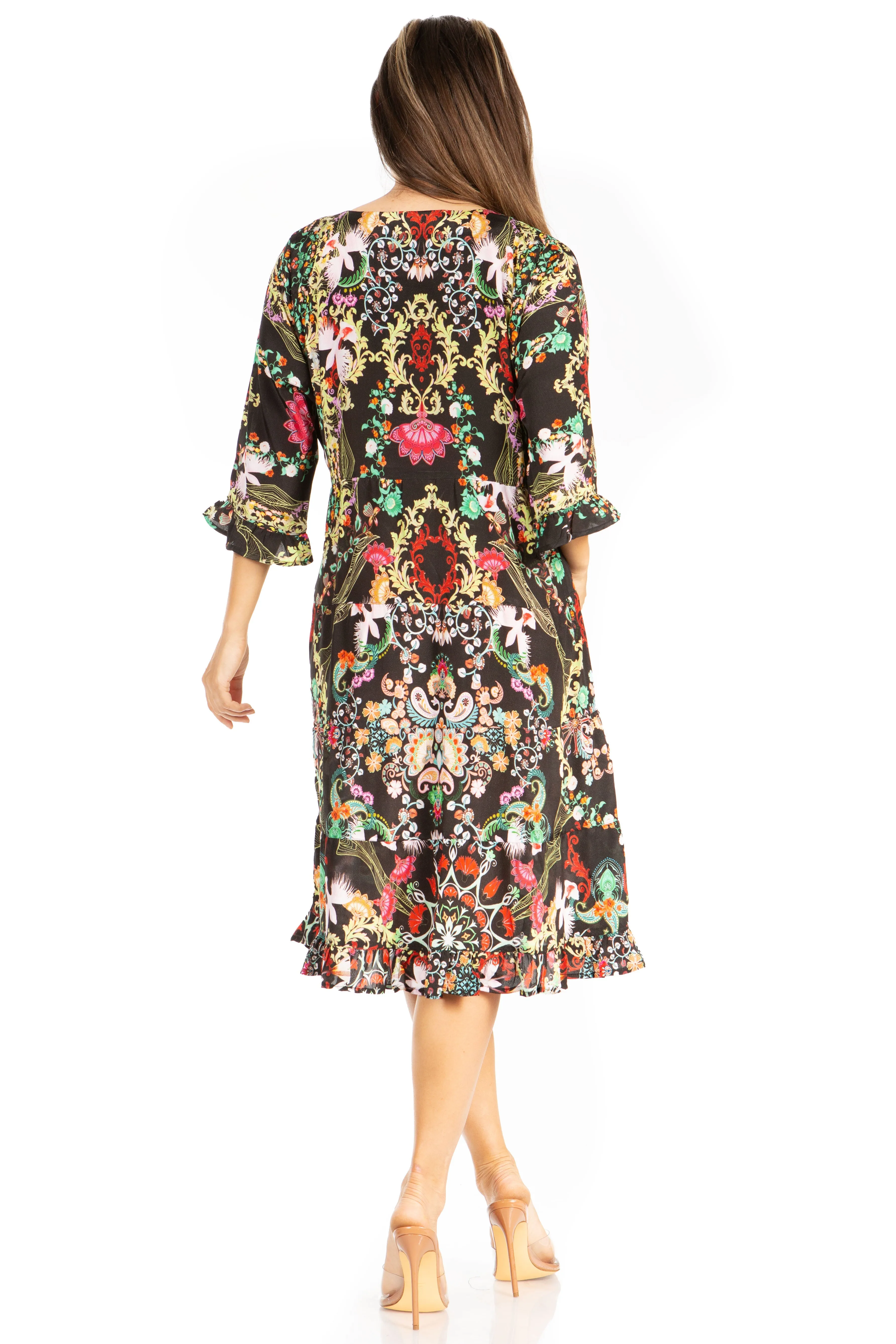 Sakkas Ozana Women's Floral Midi Cocktail Dress, V-Neck, 3/4 Sleeve