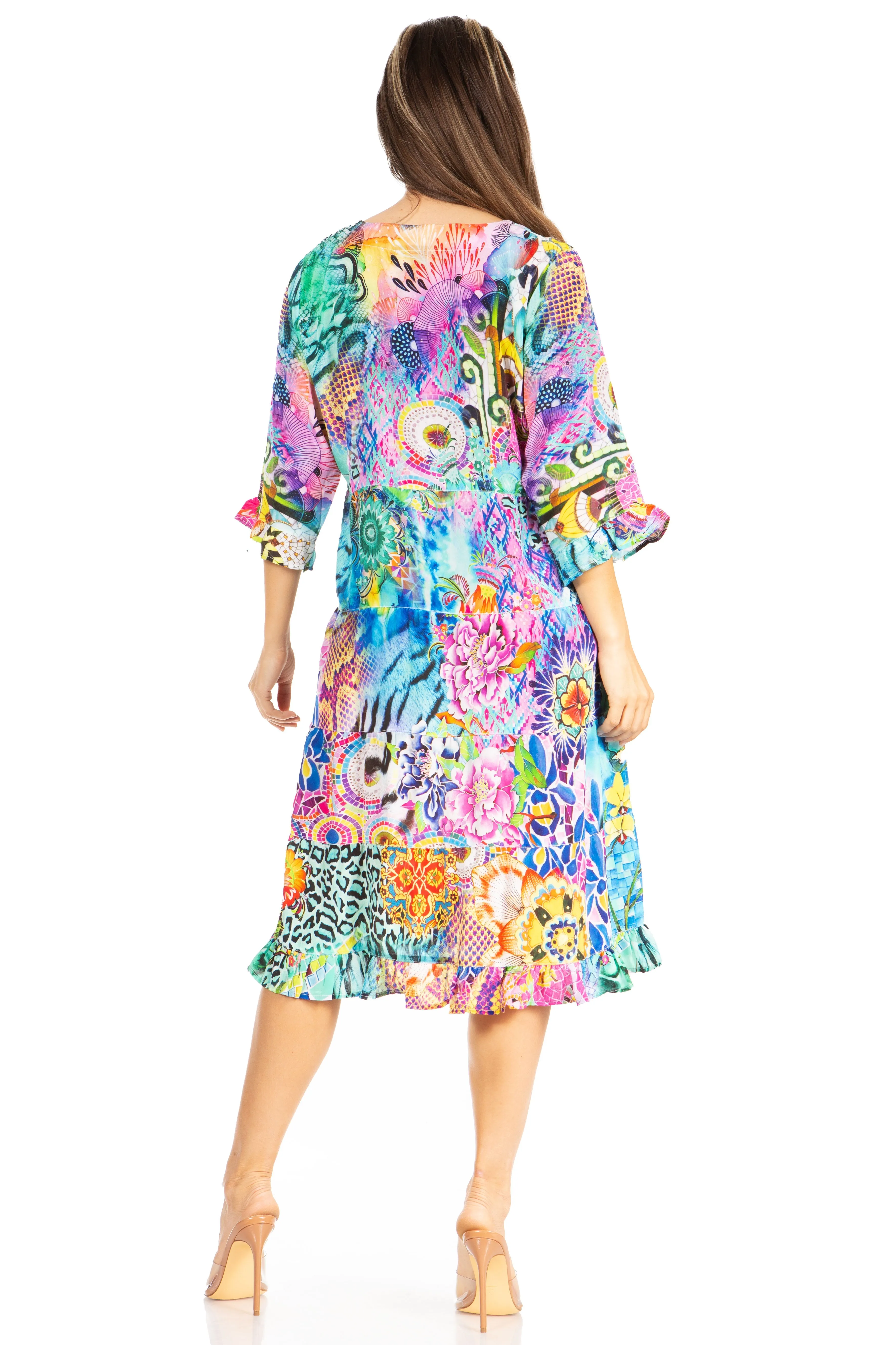 Sakkas Ozana Women's Floral Midi Cocktail Dress, V-Neck, 3/4 Sleeve