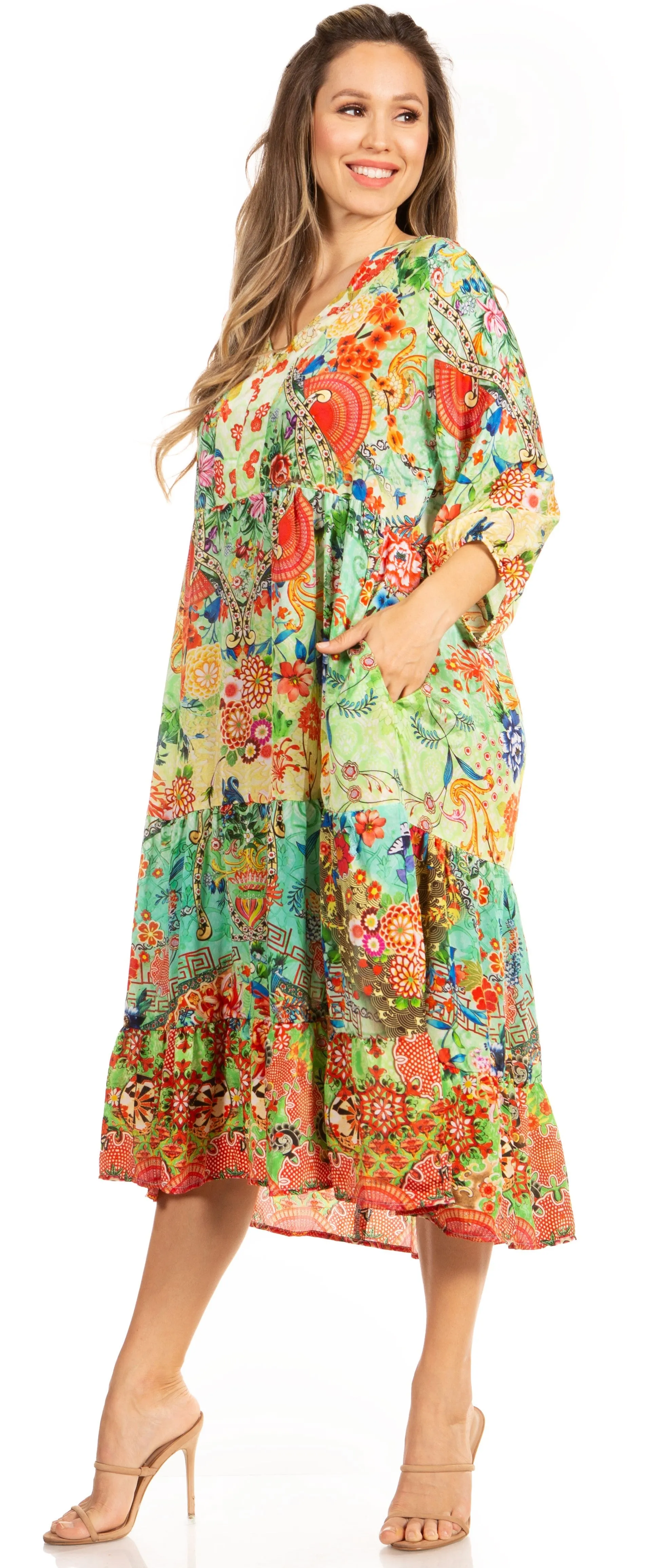 Sakkas Sole Women's Boho Floral Print V-Neck Midi Dress with Long Sleeves