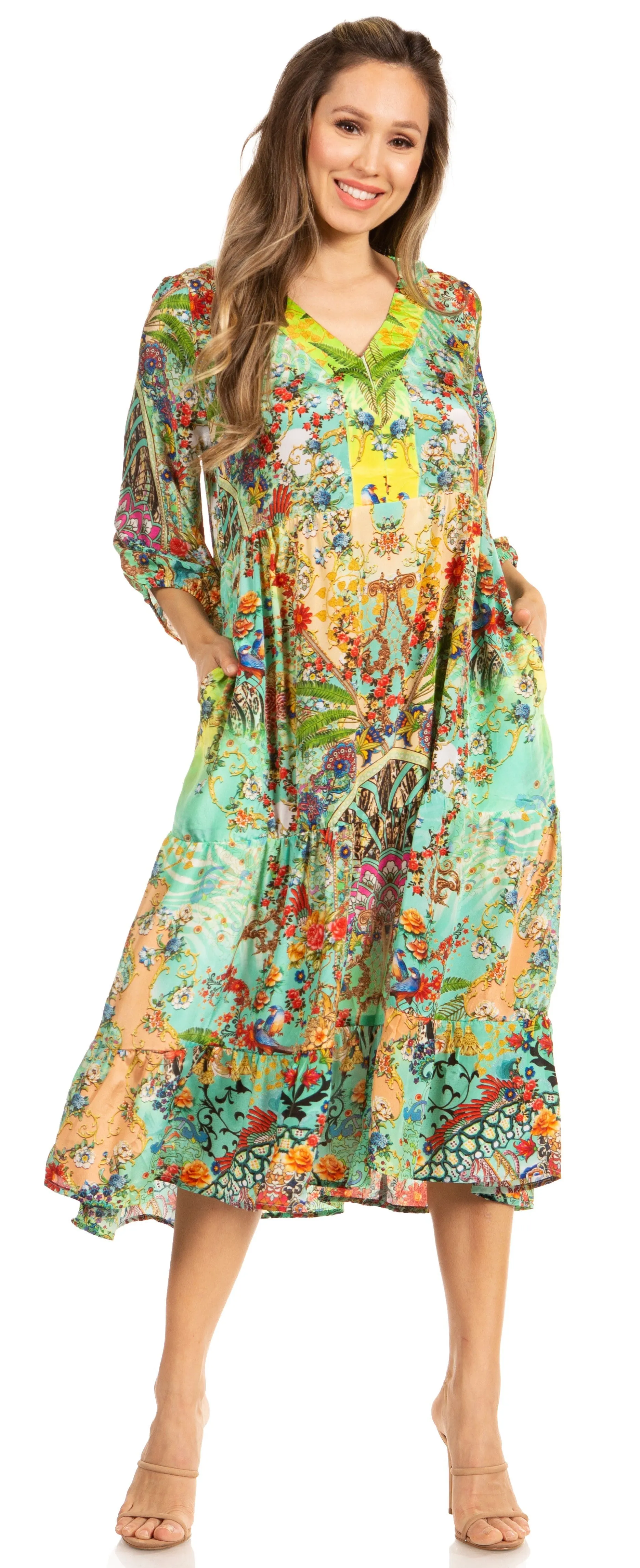 Sakkas Sole Women's Boho Floral Print V-Neck Midi Dress with Long Sleeves