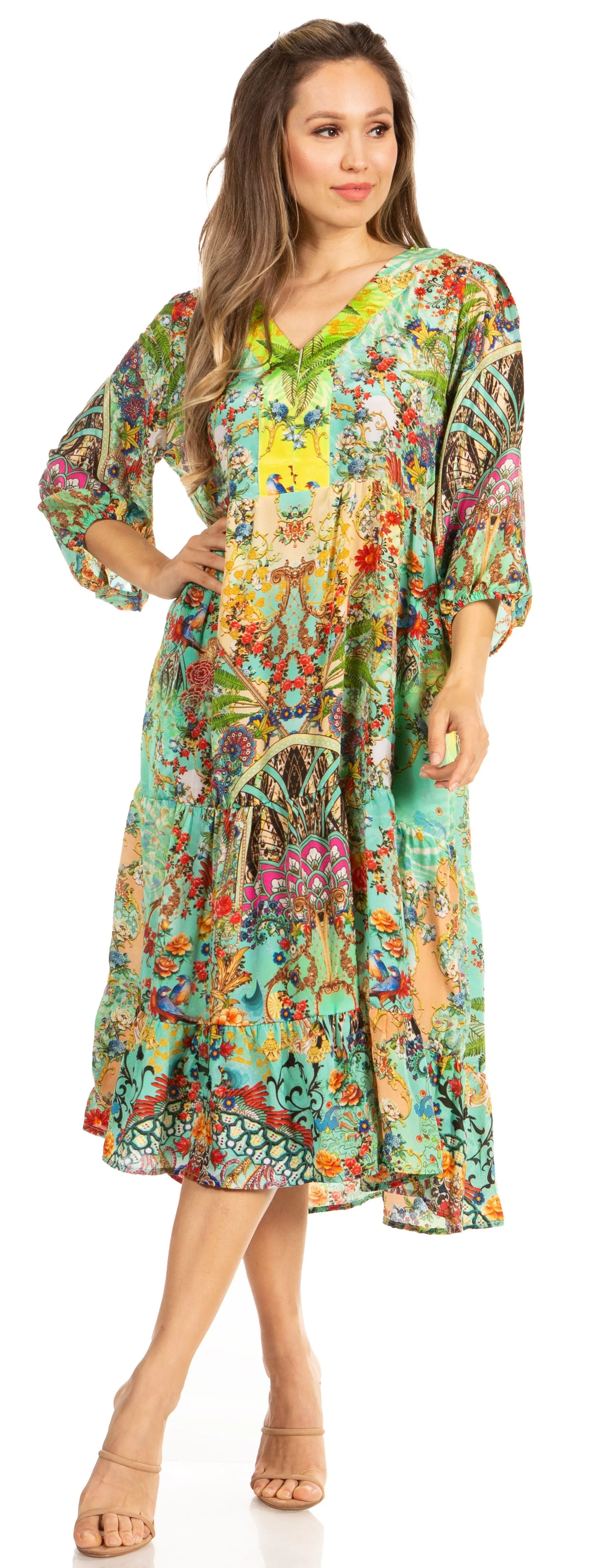 Sakkas Sole Women's Boho Floral Print V-Neck Midi Dress with Long Sleeves