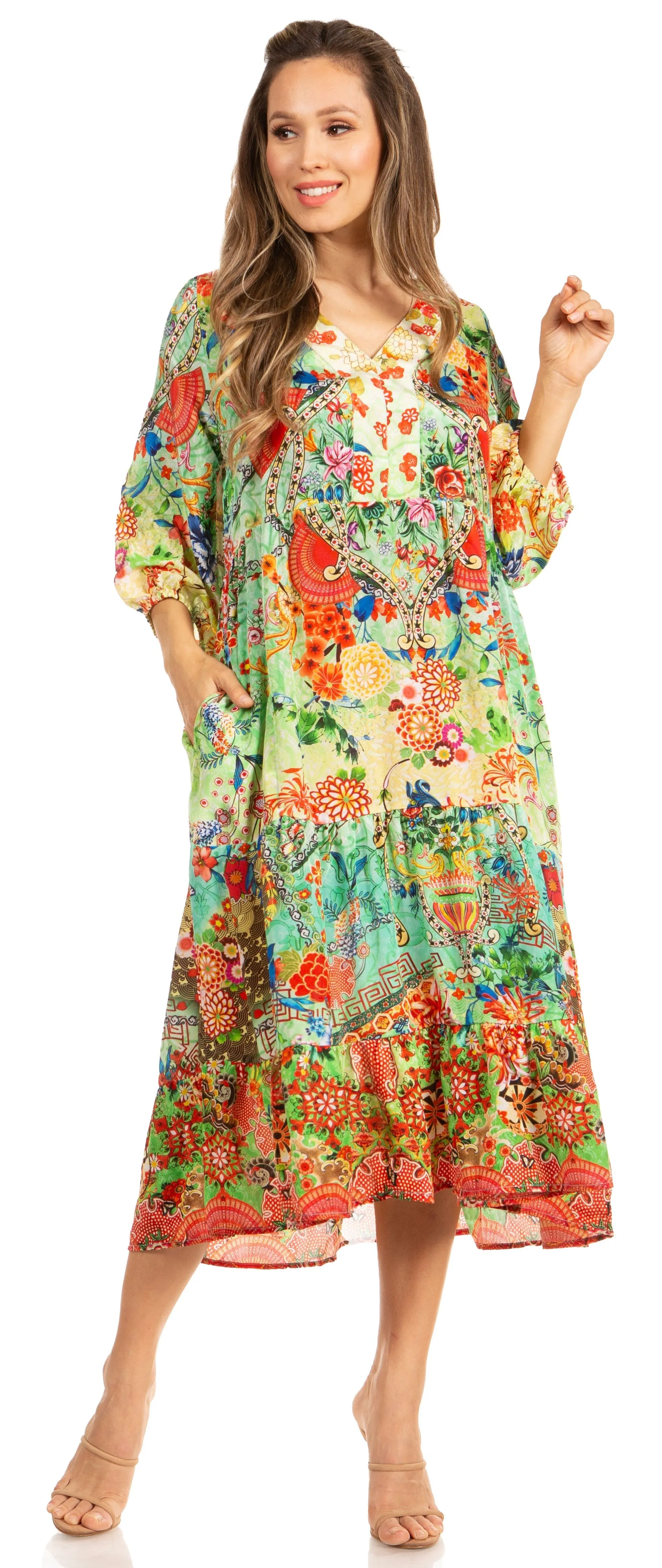 Sakkas Sole Women's Boho Floral Print V-Neck Midi Dress with Long Sleeves