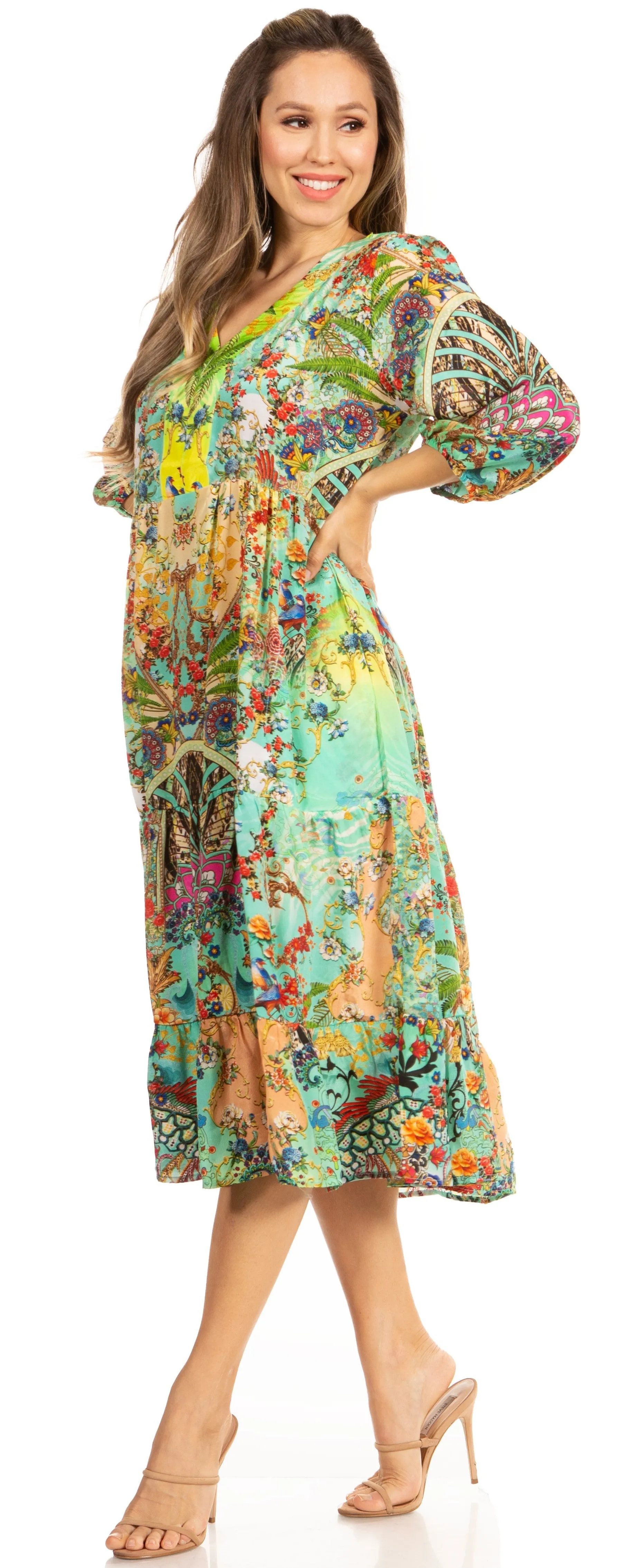 Sakkas Sole Women's Boho Floral Print V-Neck Midi Dress with Long Sleeves